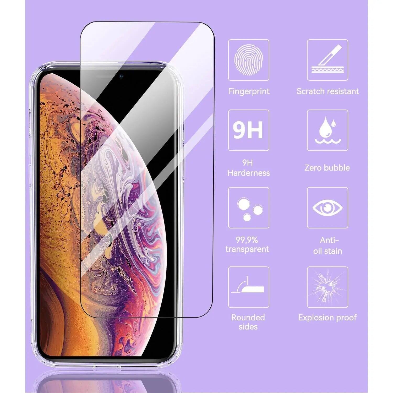 Fingerprint  
Scratch resistant  
9H  
9H Hardness  
Zero bubble  
99.9% transparent  
Anti-oil stain  
Rounded sides  
Explosion proof