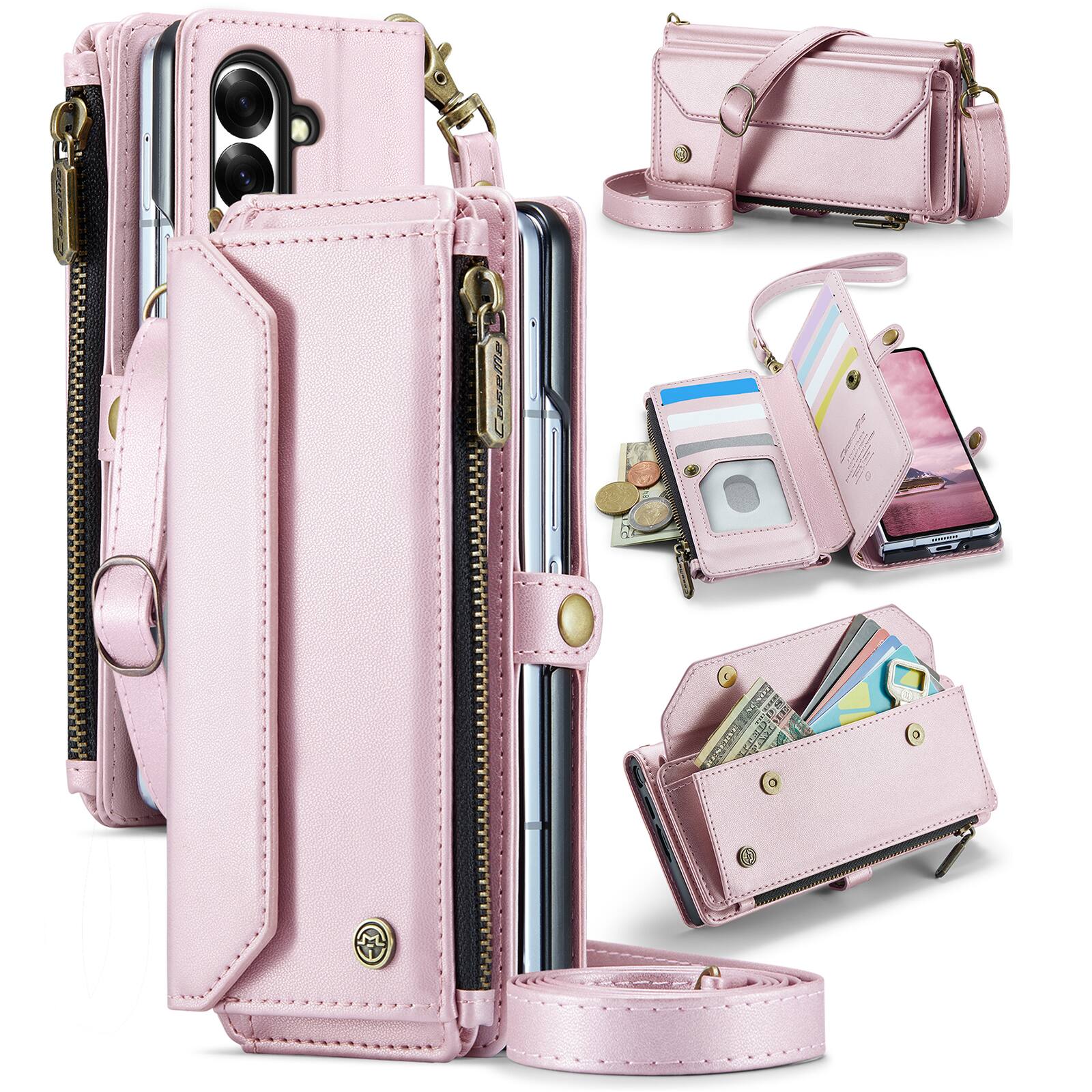 Alt View 9. UUCOVER - Zipper Wallet Case for Samsung Galaxy Z Fold8 Ultra with RFID Blocking Card Slots Cash Pocket Shoulder and Wrist Strap - Pink.