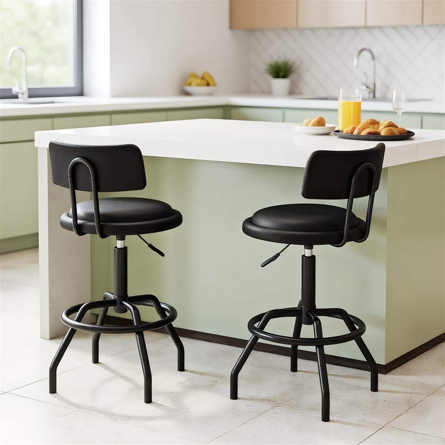 Pefilos - 360° Swivel Counter Height Barstools Set of 2, Padded Seat Back Height Height-Adjustable, Double Bar Stools - Black