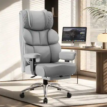 Front. KERDOM - Ergonomic Big Manager Chair High Back Computer Chair, Reclining Swivel PU Office Leather Chair, Wide Seat Thick Cushion - Grey.