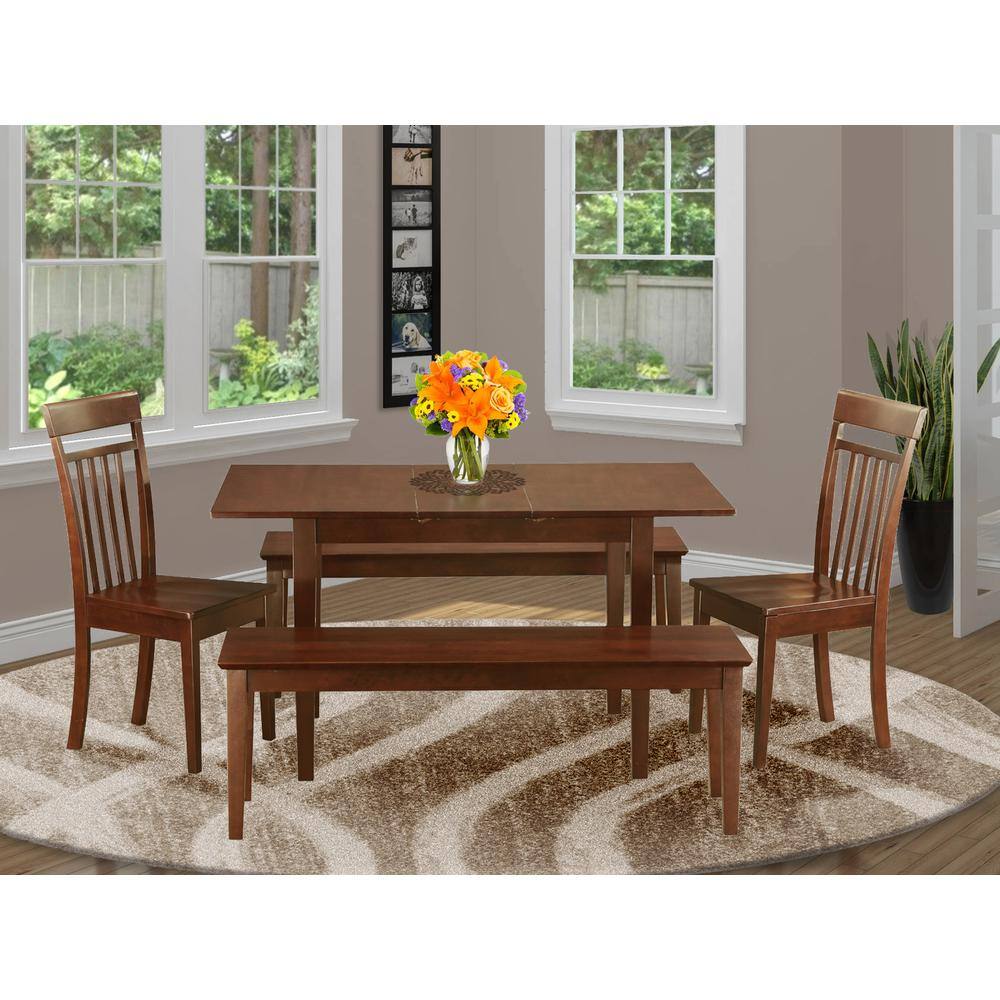 Alt View 2. East West Furniture - 5 PC Small Kitchen table set - Table with Leaf plus 2 Dining Table Chairs and 2 Benches - Mahogany.