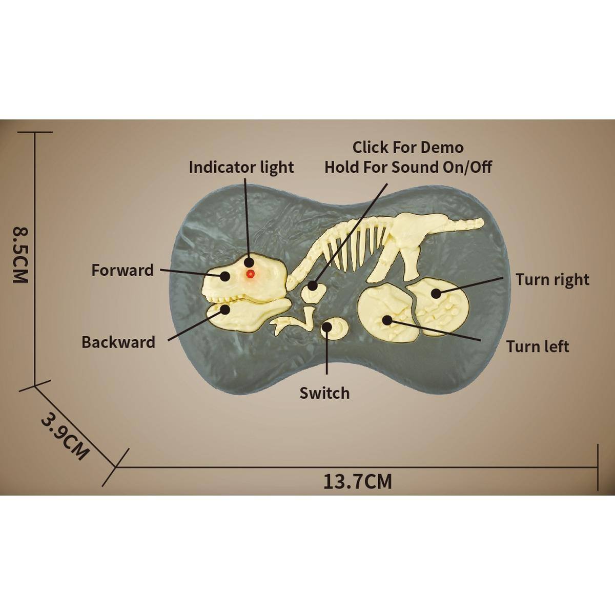- Indicator light
- Click For Demo
- Hold For Sound On/Off
- Forward
- Backward
- Turn right
- Turn left
- Switch
- 8.5CM
- 3.9CM
- 13.7CM