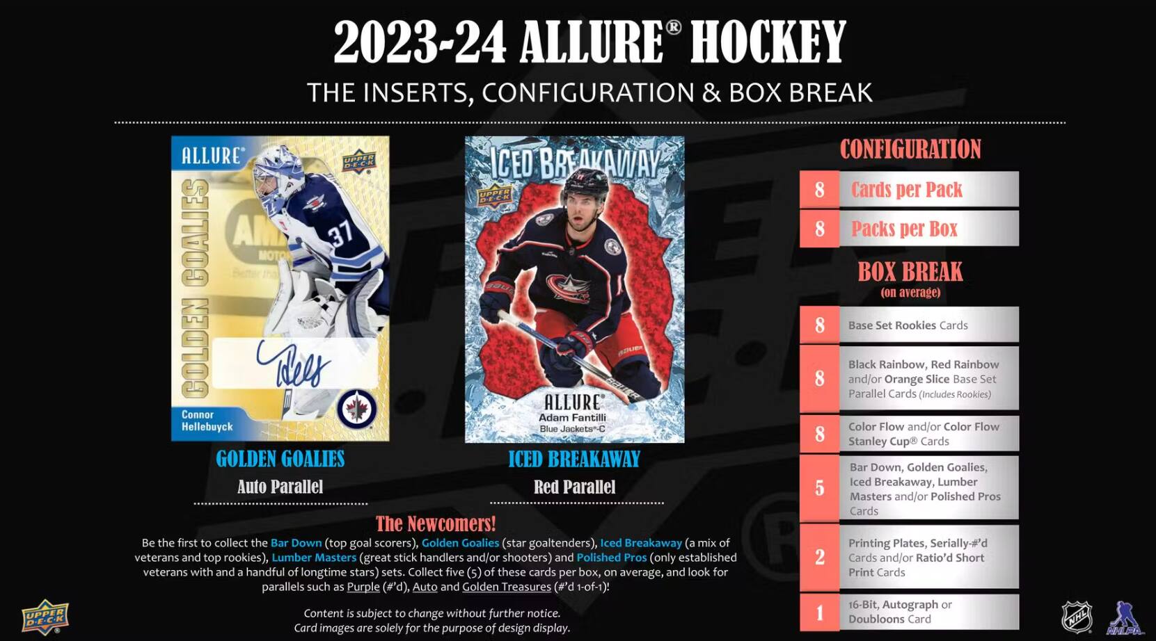 2023-24 ALLURE HOCKEY  
THE INSERTS, CONFIGURATION & BOX BREAK  

UPPER D.E.C.K  

CONFIGURATION  
8 Cards per Pack  
8 Packs per Box  

BOX BREAK (on average)  
8 Base Set Rookies Cards  
8 Black Rainbow, Red Rainbow Parallel Cards (includes Rookies)  
8 Color Flow and/or Color Flow Stanley Cup Cards  
5 Golden Goalies, Bar Down, Lumber Masters and/or Polished Pros Cards  
2 Printing Plates, Serially #'d Gold Treasures (only established veterans with a handful of longtime stars)  
1 16-bit Autograph or Dualrooms Card  

The Newcomers!  
Be the first to collect the Bar Down (top goal scorers), Golden Goalies (star goaltenders), Iced Breakaway (a mix of Printing Plates, Serially #'d veterans and top rookies), Lumber Masters (great stick handlers and/or shooters) and Polished Pros (only established veterans with a handful of longtime stars) sets. Collect five (5) of these cards per box, on average, and look for parallels such as Purple (#'d), Auto, and Golden Treasures (only established veterans with a handful of longtime stars).  

Card