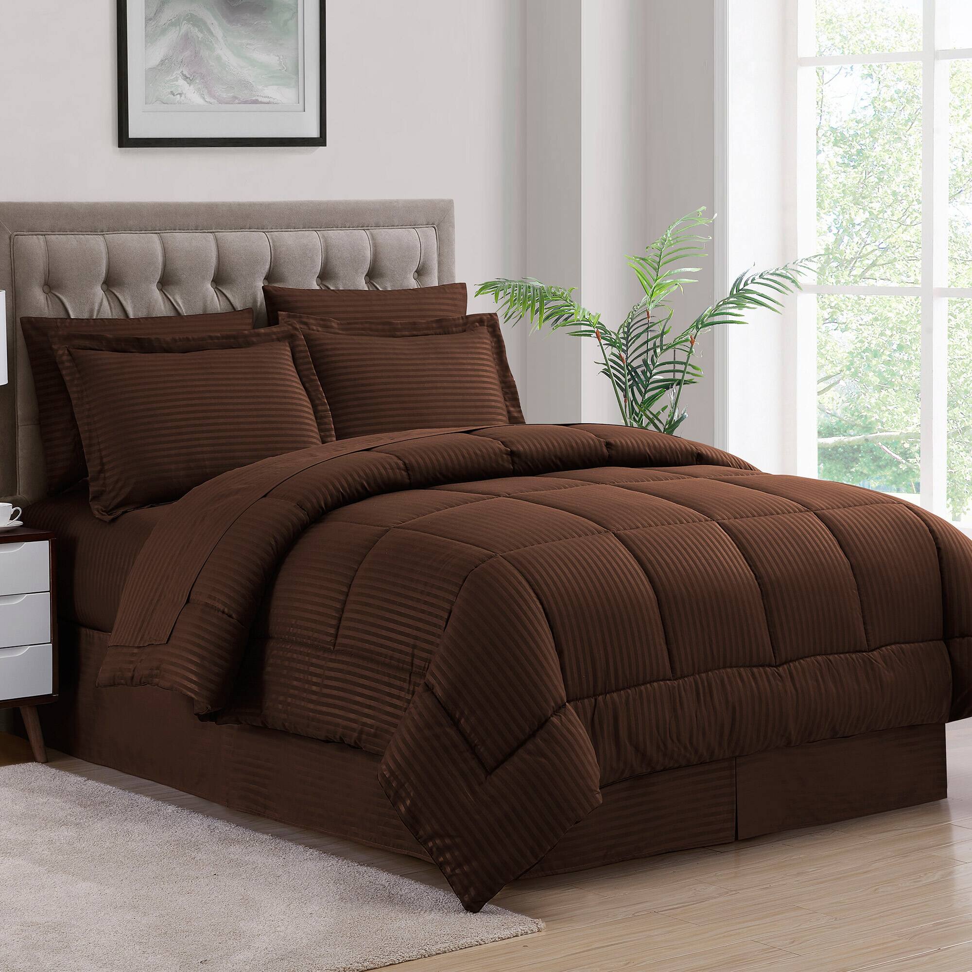 Sweet Home Collection - 8 Piece Embossed Dobby Stripe Bed in a Bag All Season Complete Set with Sheets - King - Chocolate
