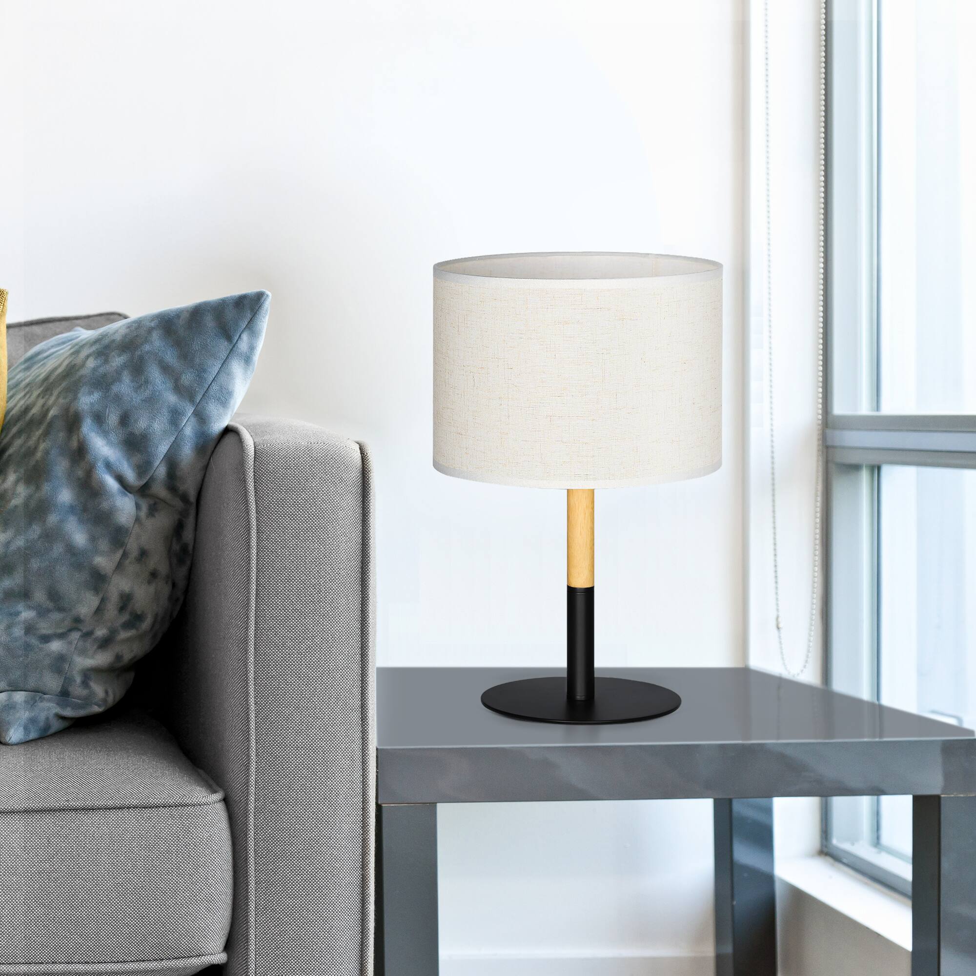 Alt View 1. Oumilen - Natural Wood & Black Metal Table Lamp with Linen Shade, 16.2in Tall Desk Lamp, Bulb Not Included.