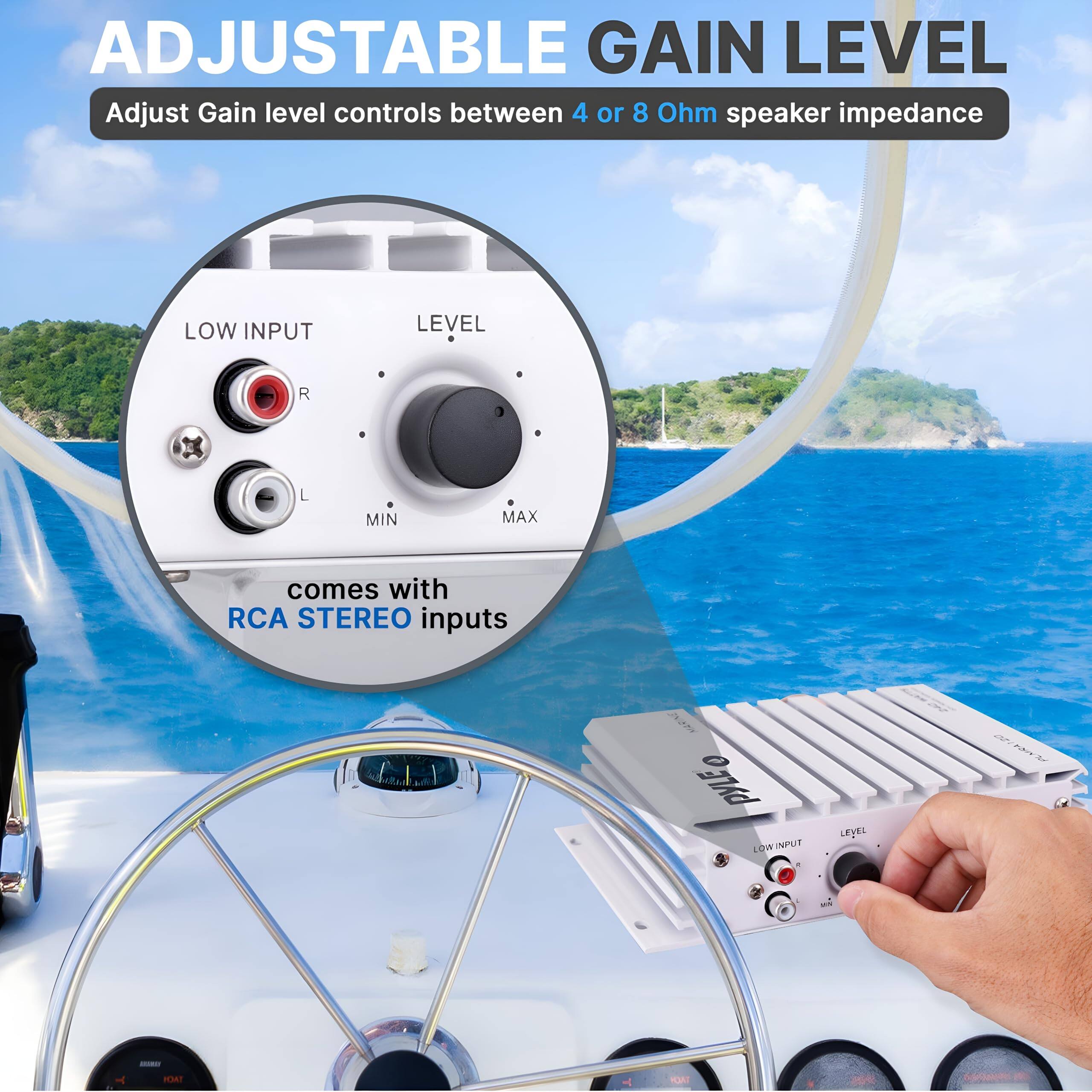 ADJUSTABLE GAIN LEVEL  
Adjust Gain level controls between 4 or 8 Ohm speaker impedance  

LOW INPUT LEVEL  
R L MIN MAX  

comes with RCA STEREO inputs