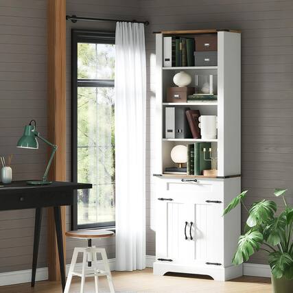 Front. GARVEE - Farmhouse Bookcase, Floor Standing Bookshelves with Doors and Drawer Adjustable Shelves - WHITE.