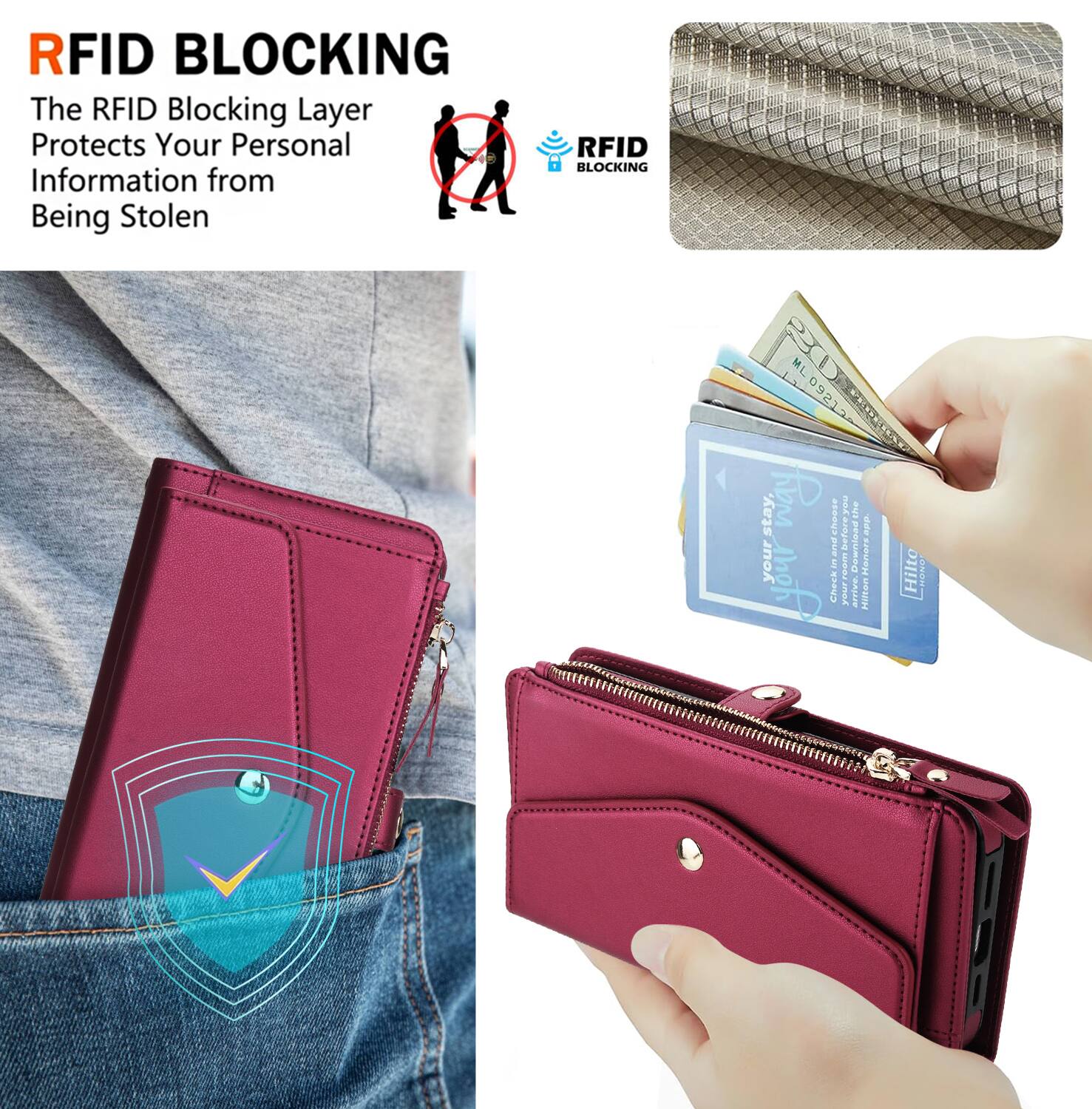 RFID BLOCKING  
The RFID Blocking Layer Protects Your Personal Information from Being Stolen  

RFID BLOCKING 20 ML 09212  

Stay.  
Check in before you arrive.  
Download Hilton Honors  

RFID BLOCKING