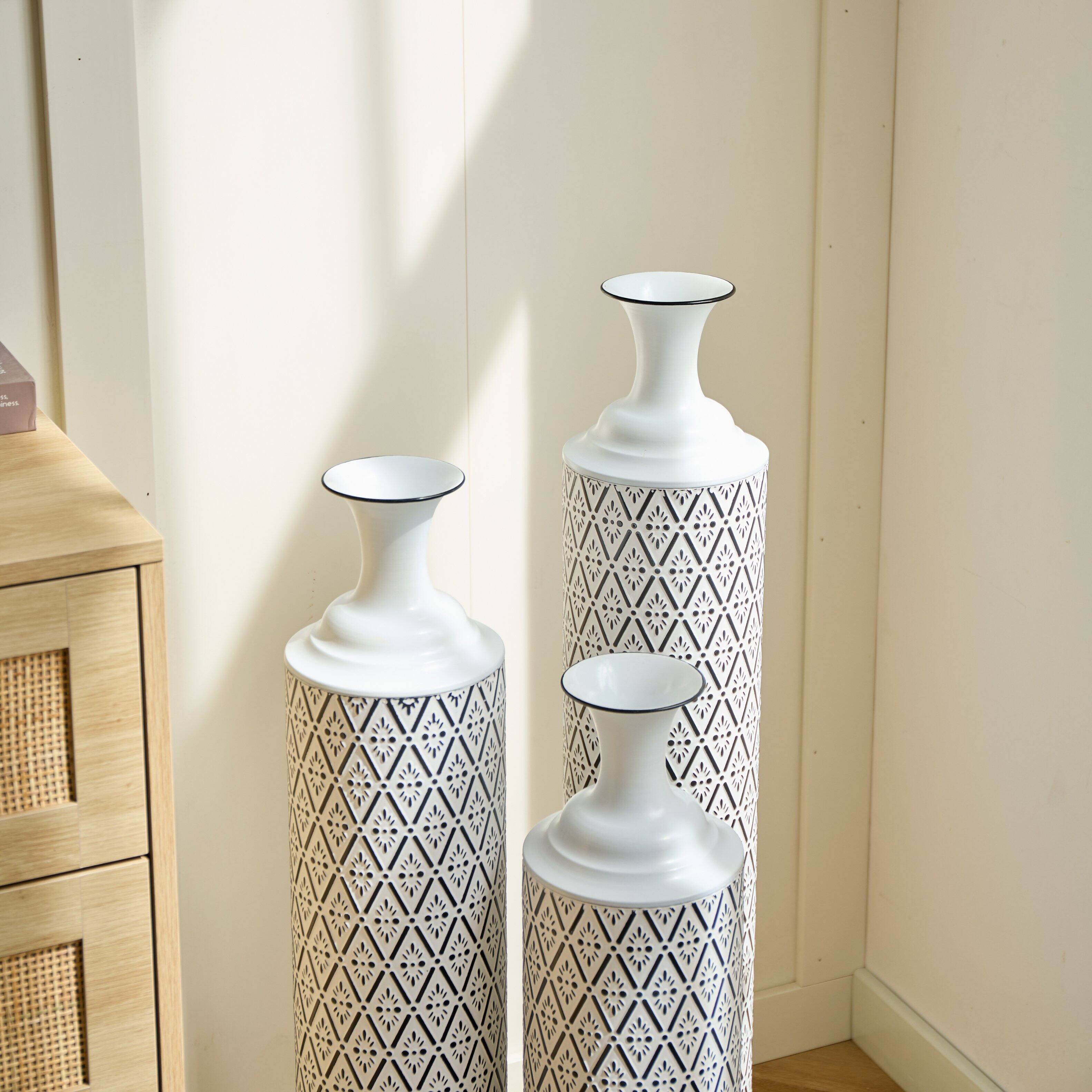 Alt View 3. Anysun - White Metal Floor Vases Set of 3 - Glazed Finish, 24in/28.7in/33.5in Height for Home Decor - White.