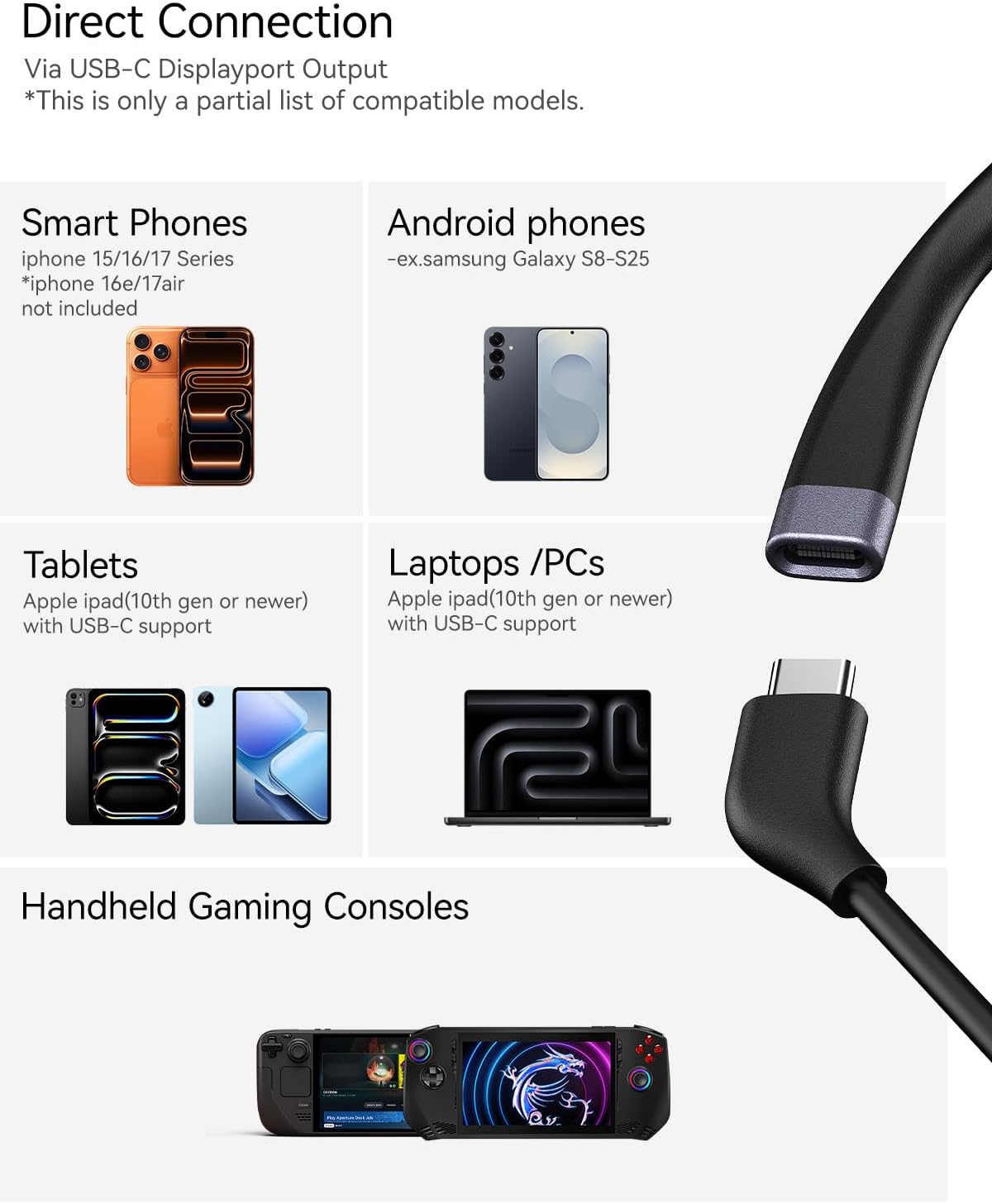 Direct Connection Via USB-C Displayport Output  
*This is only a partial list of compatible models.  

Smart Phones  
iphone 15/16/17 Series  
*iphone 16e/17air not included  

Android phones  
-ex.samsung Galaxy S8-S25  

Tablets  
Apple ipad(10th gen or newer) with USB-C support  

Laptops /PCs  
Apple ipad(10th gen or newer) with USB-C support  

Handheld Gaming Consoles