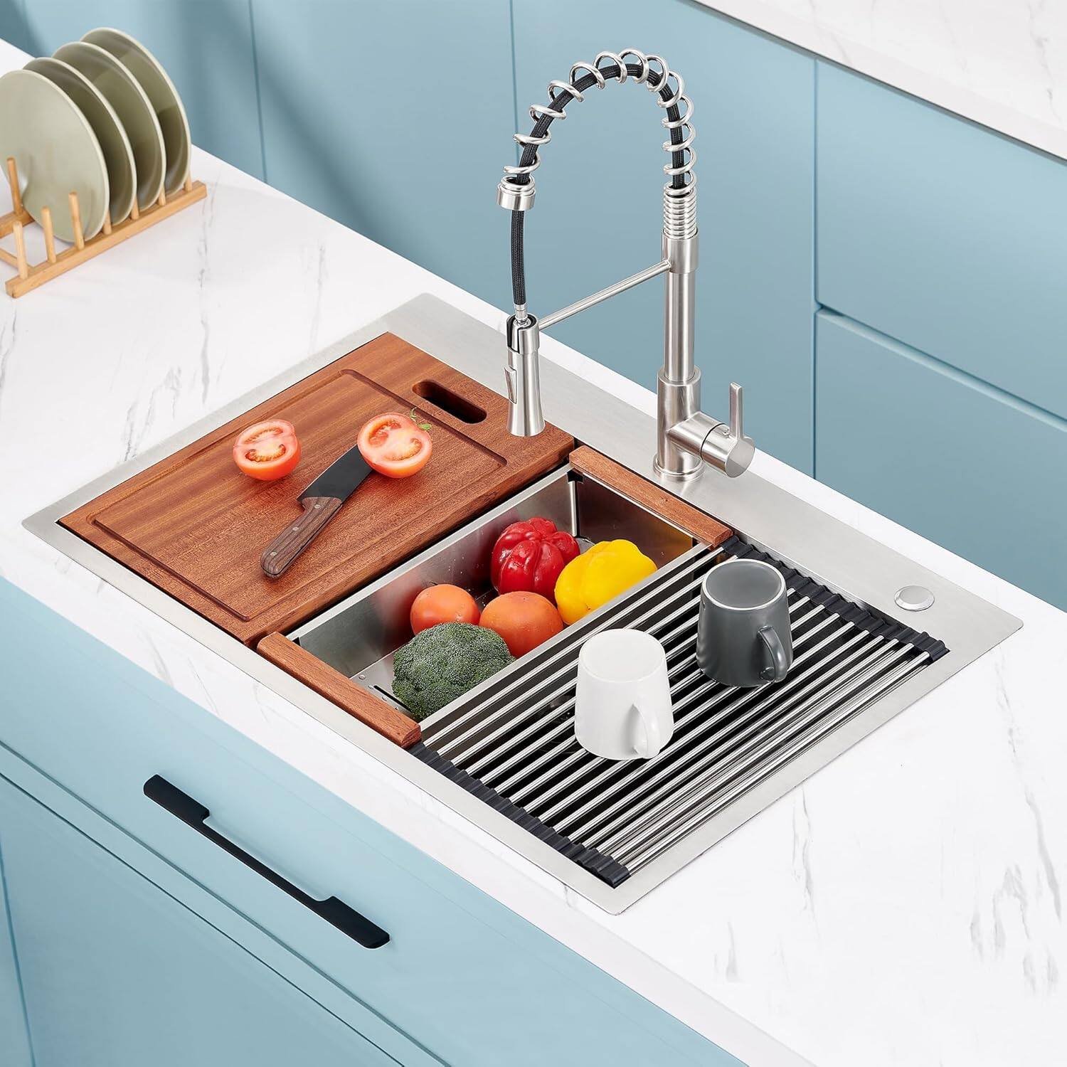 Left. APRILSOUL - 33x22 Drop In Stainless Steel Workstation Sink 33 Inch 18 Gauge Stainless Steel Drop - White.