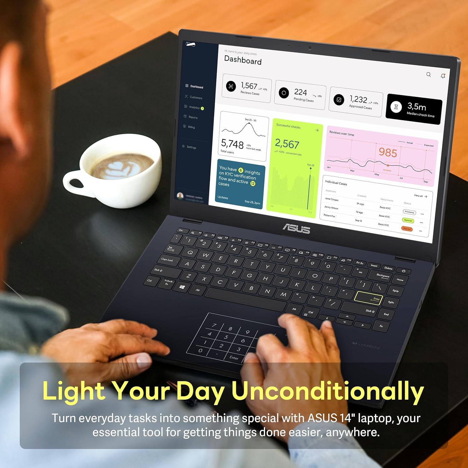 Dashboard

- A - E Telfan 1,567 Hecens Saa
- 5,748
- You have on KYC insights flow and verification cases active
- 224 PendingCases
- 2,567
- 1,232 - Aperieo Cases
- 3,5m
- Secoel
- Soe 985 Htuds Choe Upriies
- Trp.36
- A
- Seito SuuS
- ASUS
- Light Your Day Unconditionally Turn everyday tasks into something special with ASUS 14" laptop, your essential tool for getting things done easier, anywhere.