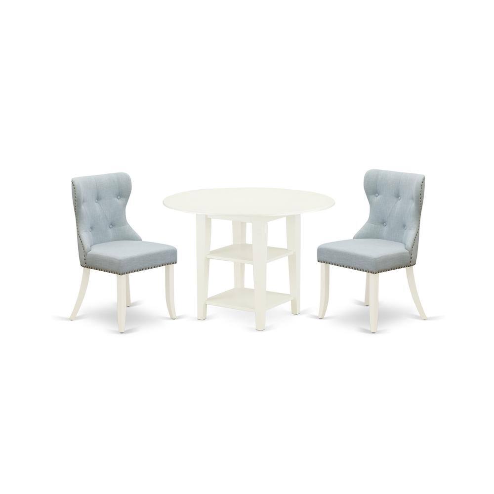 Left. East West Furniture - East-West Furniture SUSI3-LWH-15 - A dining room table set of 2 excellent dining chairs with Linen Fabric Baby Blue - Linen White.