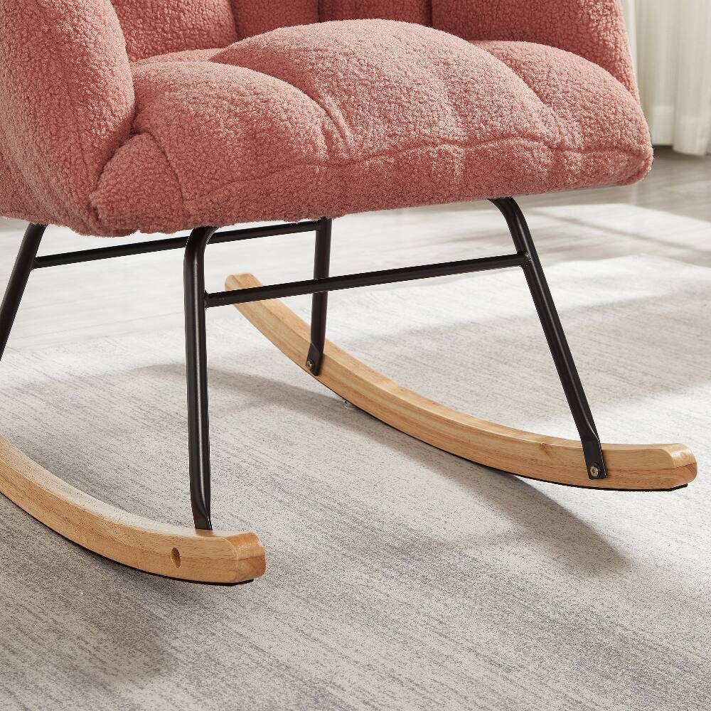 Alt View 3. Loheer - Loheer Pink Teddy Fabric Rocking Chair Tufted Upholstered Glider Accent Chair with Metal Frame - Pink.