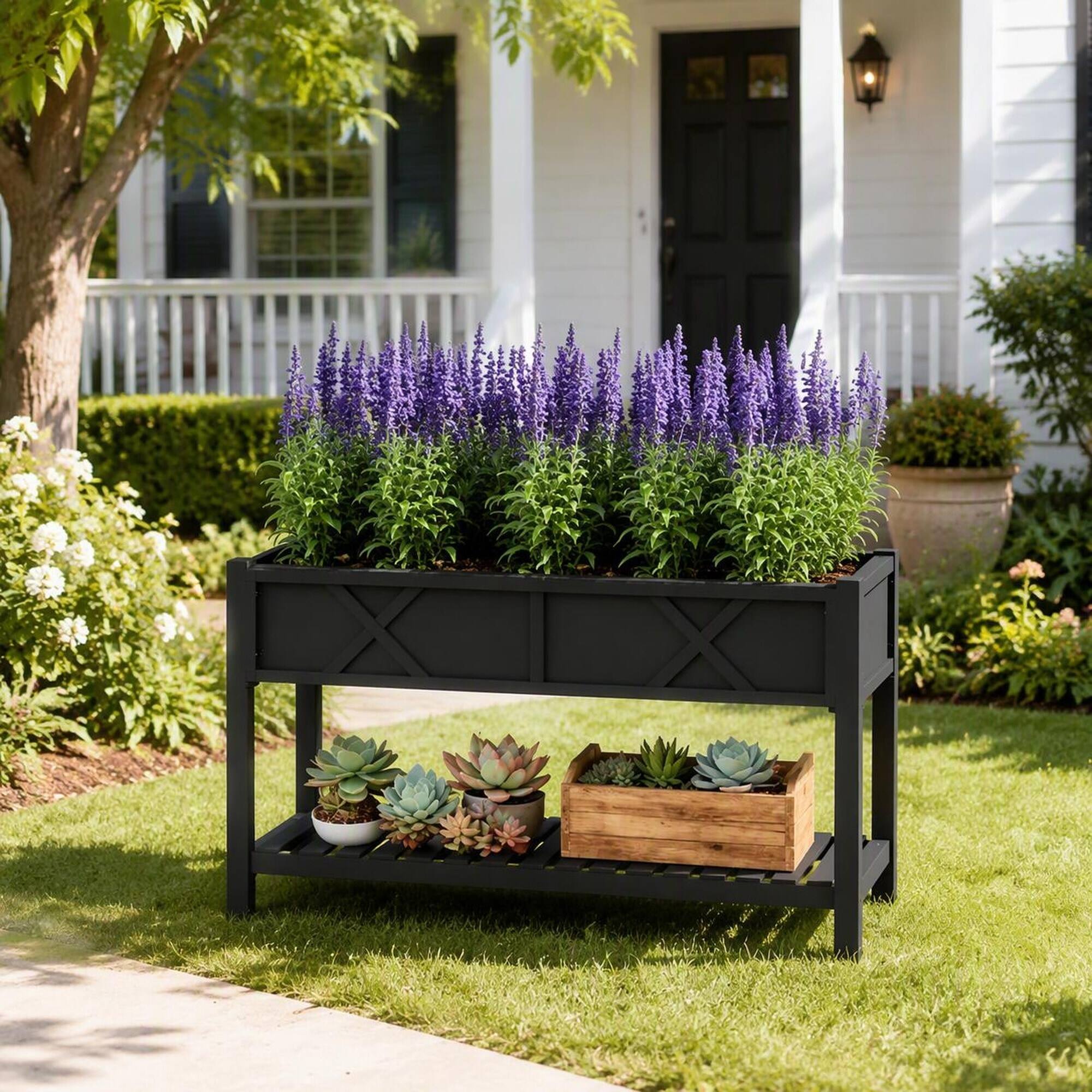 Alt View 1. RYHNUYNE - Raised Wooden Planter Box with Storage Shelf, Fir Wood Garden Bed with Drainage Holes and Liner, Black - Black.