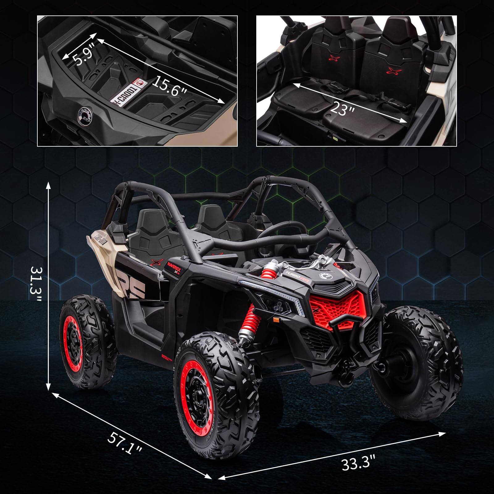 - Height: 5.9"
- Width: 15.6"
- Seat Width: 23"
- Length: 31.3"
- Wheelbase: 57.1"
- Overall Length: 33.3"