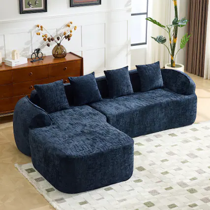 Front. Anysun - Chenille L-Shape Compressed Sofa - High-Elastic Sponge, Curved Armrests & 4 Throw Pillows for Living Room - Blue.
