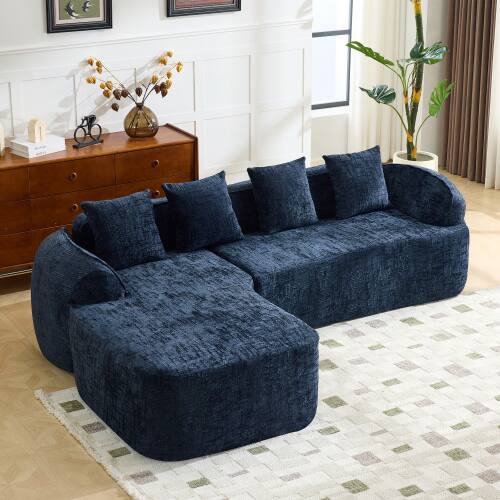 Front. Anysun - Chenille L-Shape Compressed Sofa - High-Elastic Sponge, Curved Armrests & 4 Throw Pillows for Living Room - Blue.