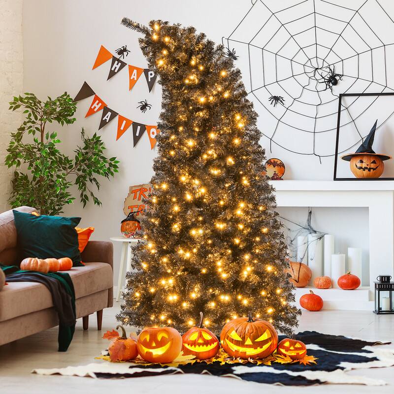 Left. WELLFOR - 7ft Pre‑lit Hinged Artificial Christmas Tree with 1050 Branch Tips &340 LED Lights for Home Halloween Xmas Party - Black.