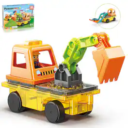 PicassoTiles - PICASSO-TILES Magnetic Tiles for Kids, 2-in-1 Ecavator & Backhoe Construction Truck, STEM Building Blocks Toy - Multicolor