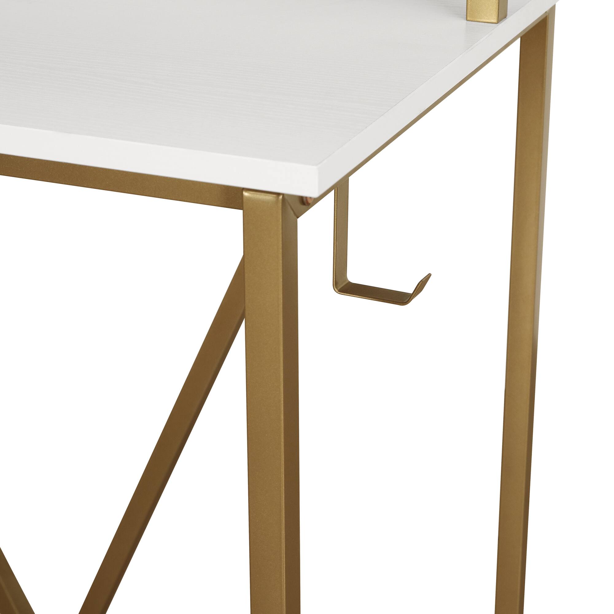 Alt View 7. GOODSILO - Industrial Style Writing Desk with Open Shelves and Mobile CPU Caddy - Gold.