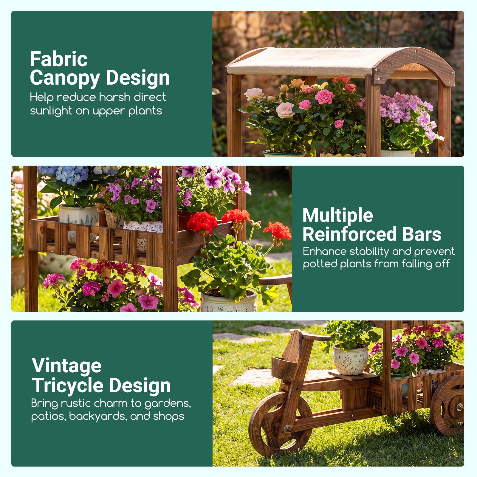 Fabric Canopy Design  
Help reduce harsh direct sunlight on upper plants

Multiple Reinforced Bars  
Enhance stability and prevent potted plants from falling off

Vintage Tricycle Design  
Bring rustic charm to gardens, patios, backyards, and shops