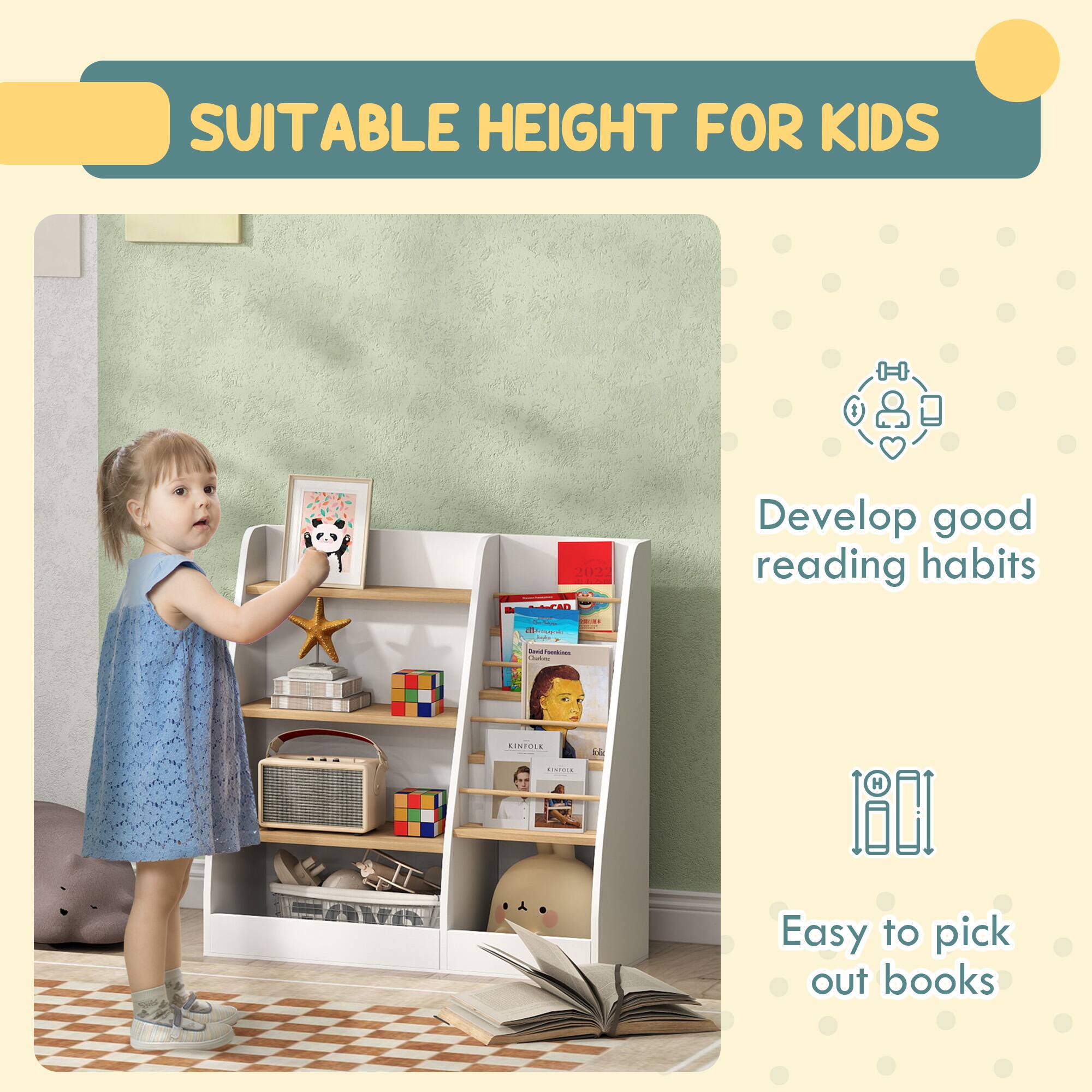 Alt View 1. Qaba - Kids Bookshelf and Toy Storage Organizer, 4 Tier Bookshelf for Kids with 4 Layer Book Rack and Storage Grid - White.