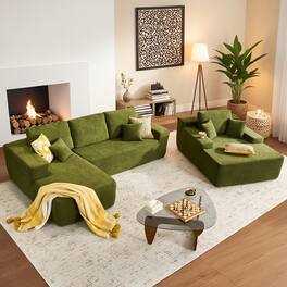 Ovios - 106" L-Shaped Cloud Sectional Sofa with Oversized Chaise Lounge - Green(Sherpa, Left Facing)