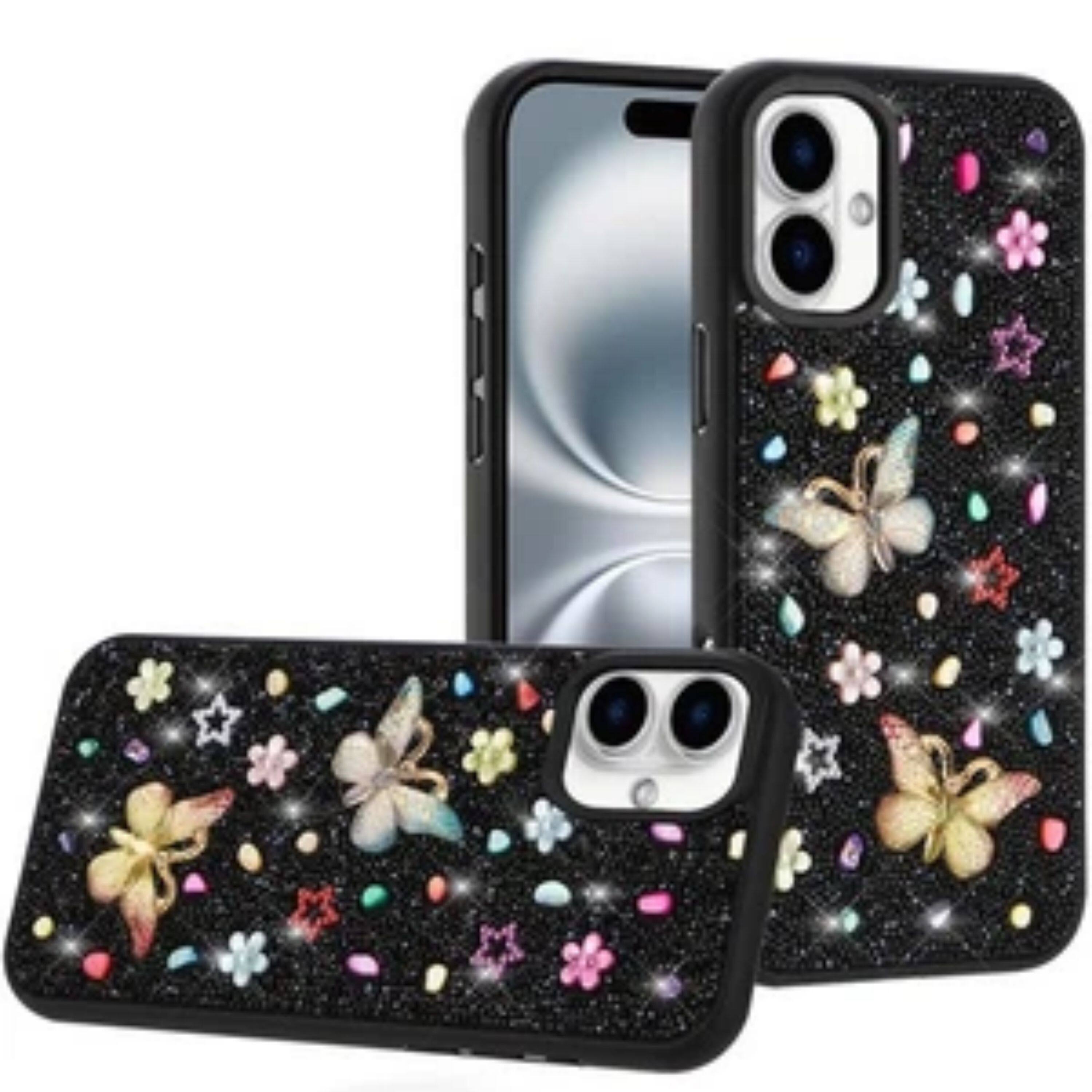 Front. Kitcheniva - Elegant 3D Butterfly Glitter Jewel Protective Case With Tempered Glass For iPhone 16 Plus Black - Black.