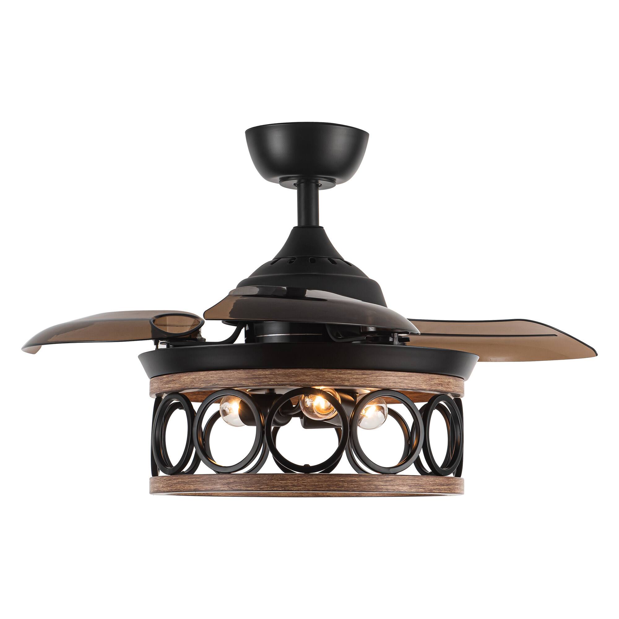 Alt View 4. Parrot Uncle - 36" Metal Retractable 3-Blade Ceiling Fan Chandelier with Wall Switch - Matte Black.