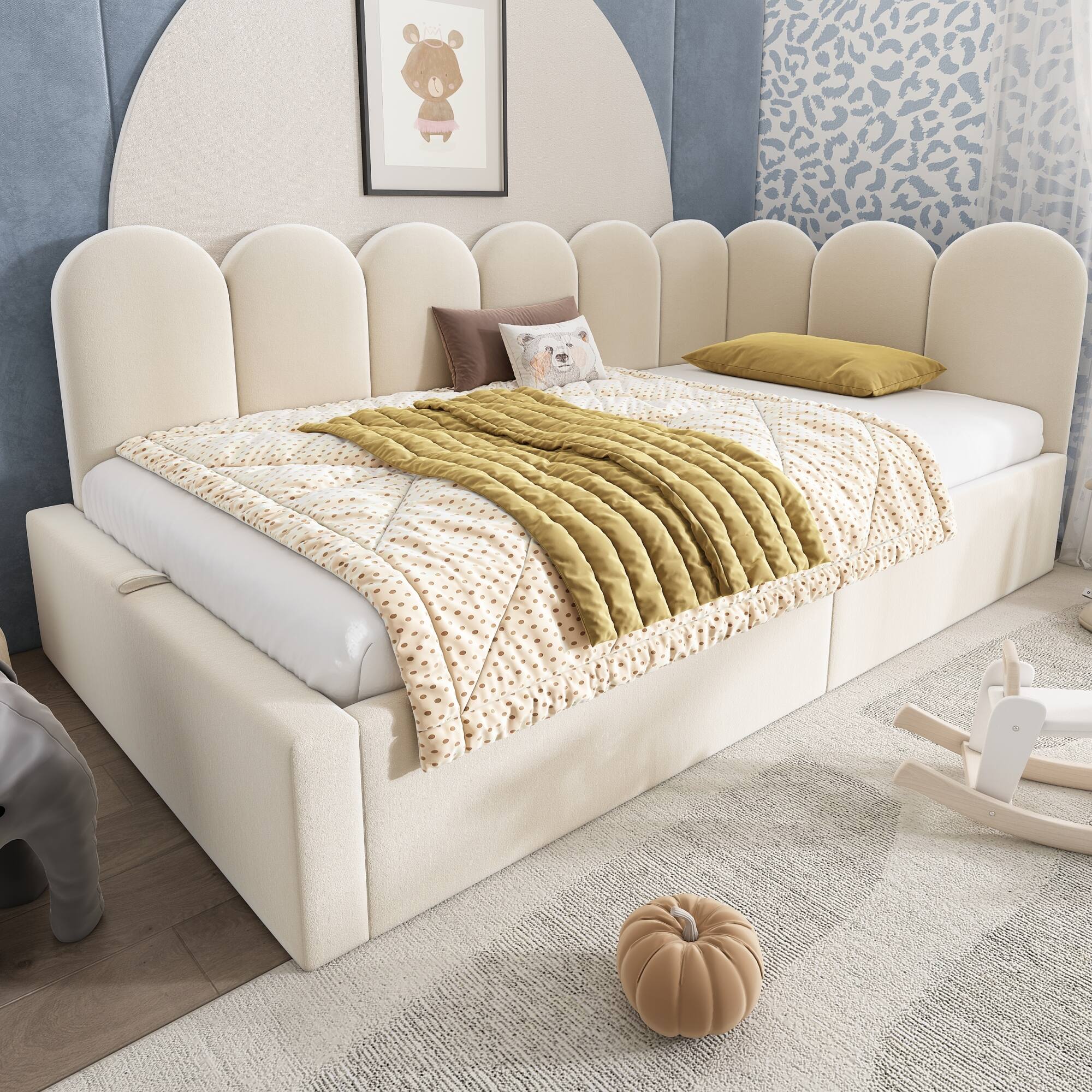 Alt View 6. GOODSILO - Upholstered Daybed with Hydraulic Storage, Twin Size Sofa Bed Frame with Metal Slats and Velvet Covering - Beige.