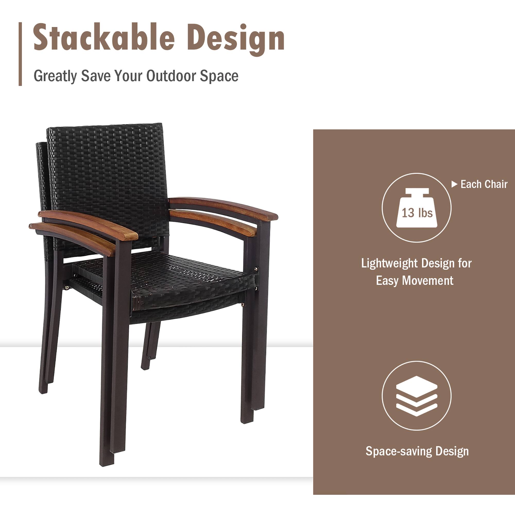 Stackable Design  
Greatly Save Your Outdoor Space  

Each Chair 13 lbs  
Lightweight Design for Easy Movement  
Space-saving Design