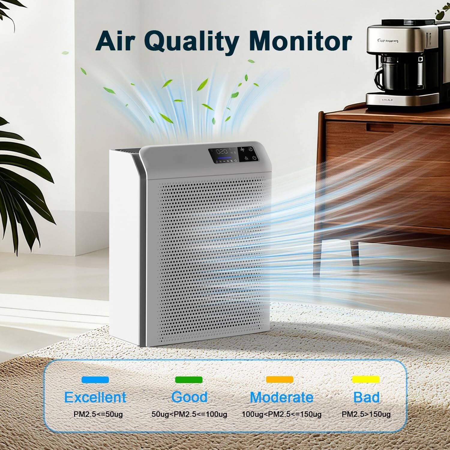 Air Quality Monitor

Excellent: PM2.5 <= 50ug  
Good: 50ug < PM2.5 <= 100ug  
Moderate: 100ug < PM2.5 <= 150ug  
Bad: PM2.5 > 150ug
