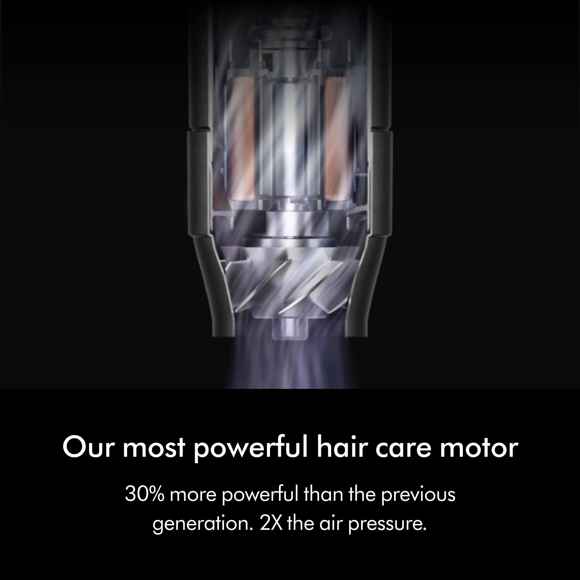 Our most powerful hair care motor
30% more powerful than the previous generation. 2X the air pressure.