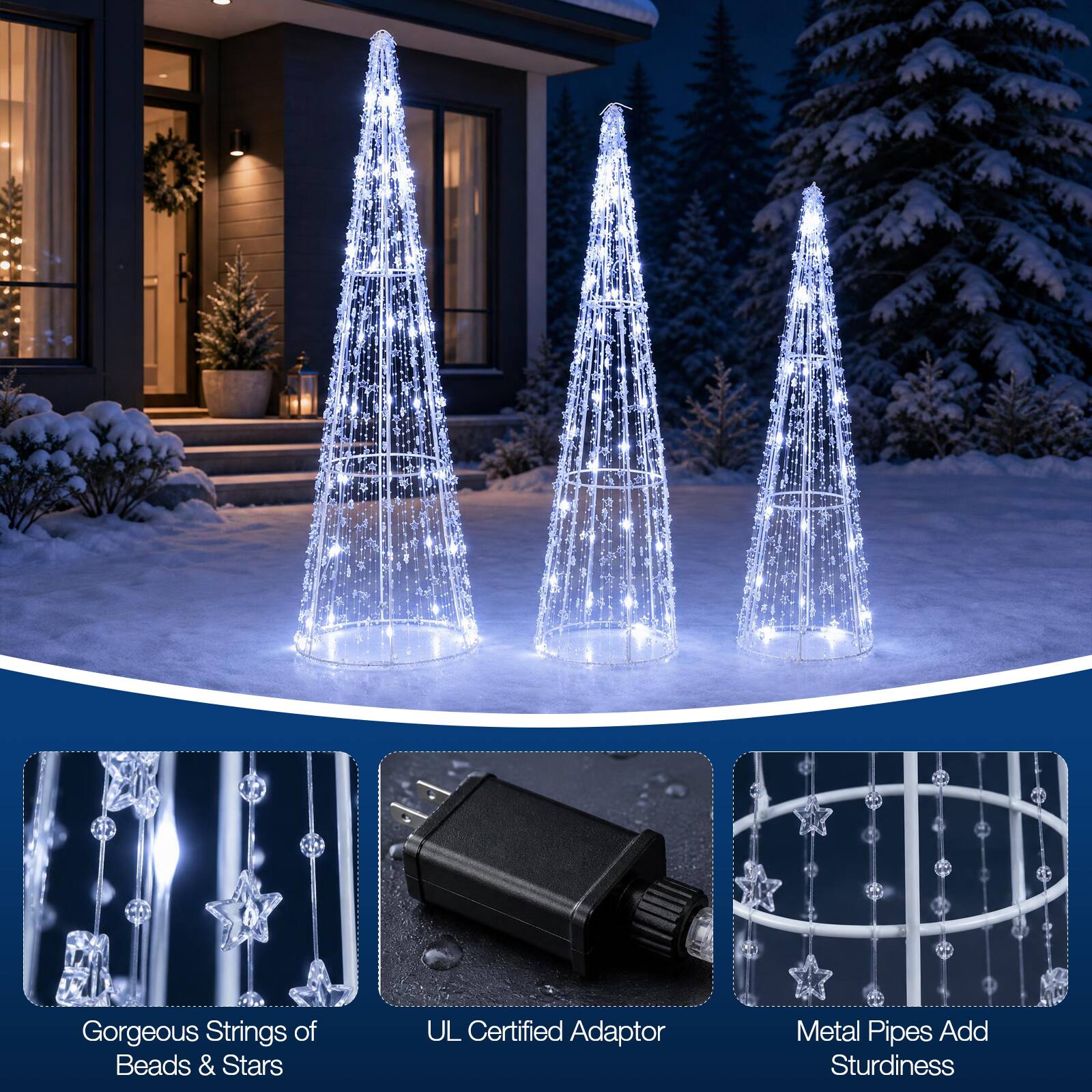 Gorgeous Strings of Beads & Stars  
UL Certified Adaptor  
Metal Pipes Add Sturdiness
