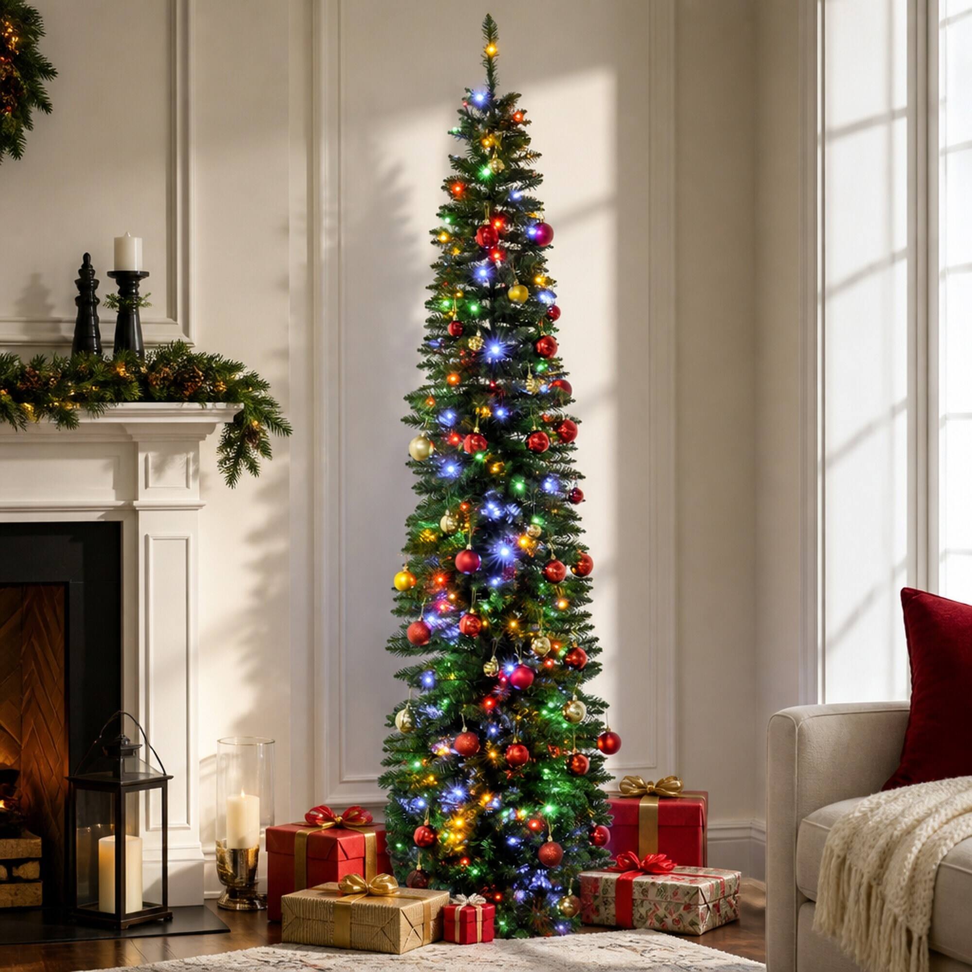 Left. RYHNUYNE - 8FT Pre-Lit Pencil Christmas Tree With 250 Colorful LED Lights and 668 Branches, Green Steel Base - Green.