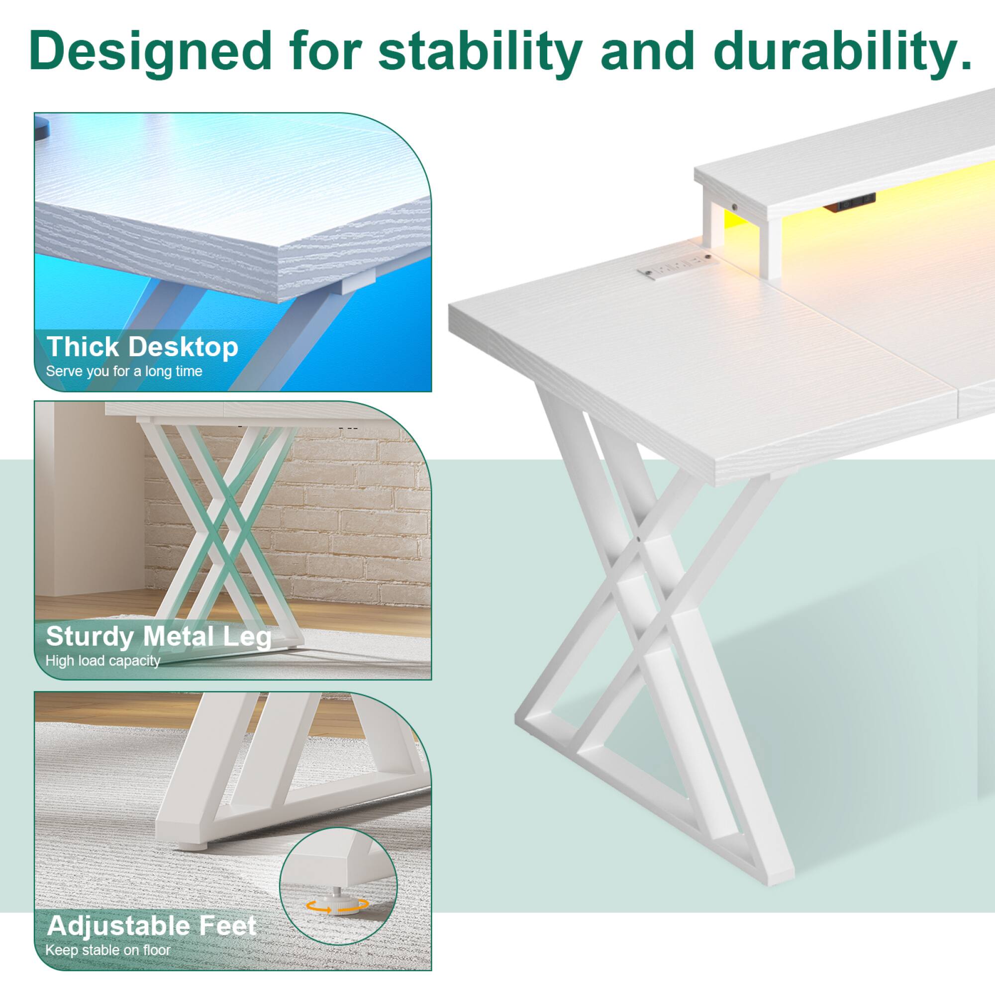 Designed for stability and durability.

- Thick Desktop
  - Serve you for a long time

- Sturdy Metal Leg
  - High load capacity

- Adjustable Feet
  - Keep stable on floor