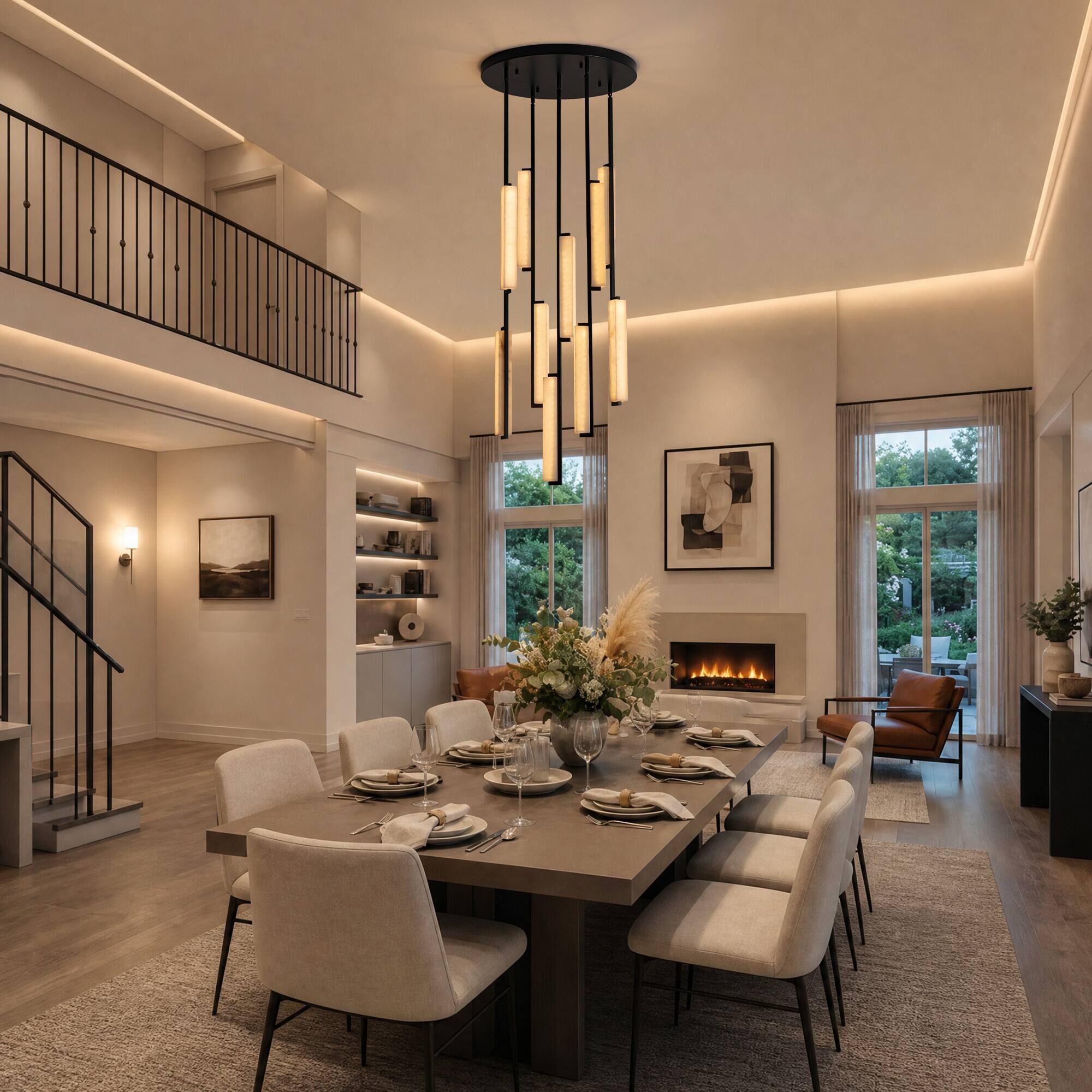 Back. Siljoy - 24 In Black Alabaster 10-Light LED Staircase Chandelier, 3 Color Changing, for Living Room and High Ceiling Foyer - Black.