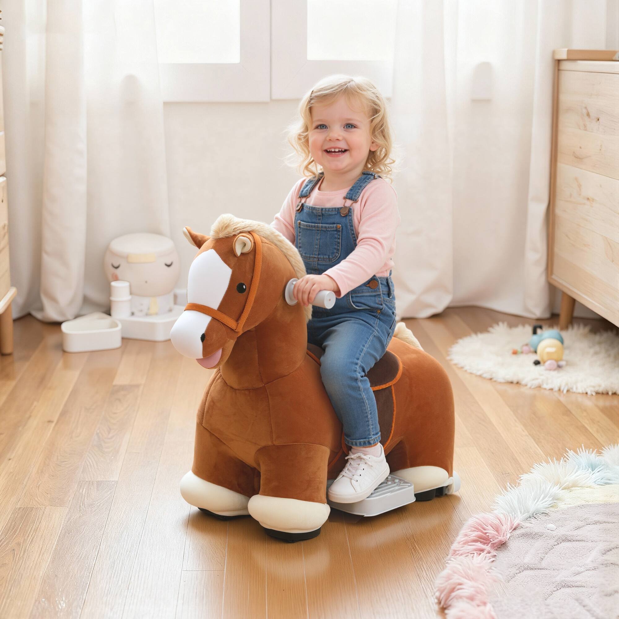 Alt View 1. Qaba - Battery Powered Ride on Horse with Music, Forward, Foot Pedal, Soft Touch, Washable Cover - Brown.