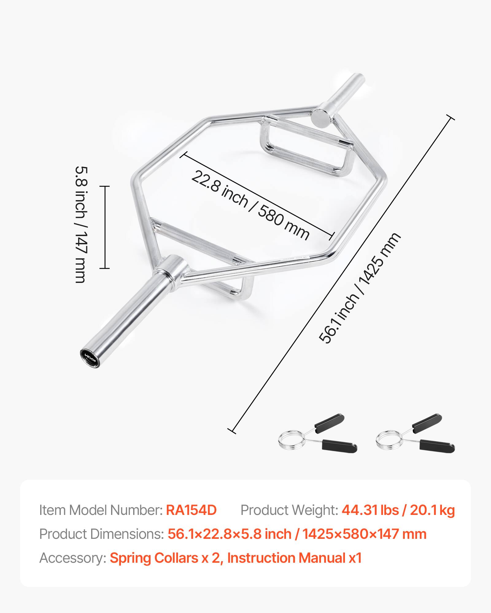 5.8 inch / 147 mm  
22.8 inch / 580 mm  
56.1 inch / 1425 mm  

Item Model Number: RA154D  
Product Weight: 44.31 lbs / 20.1 kg  
Product Dimensions: 56.1x22.8x5.8 inch / 1425x580x147 mm  
Accessory: Spring Collars x 2, Instruction Manual x1