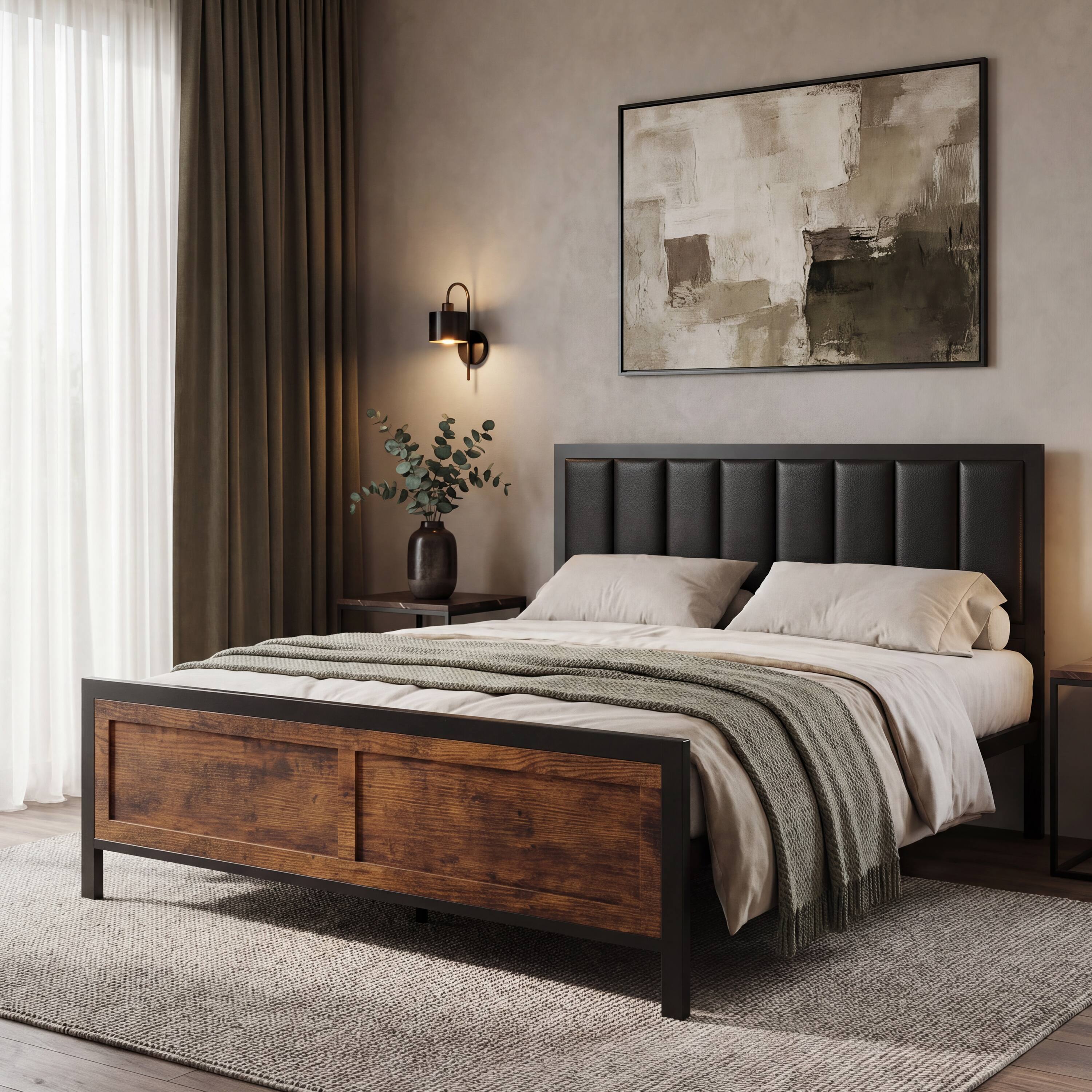 Angle. Vipbear - Q/F Platform Bed Frame with Upholstered Headboard, Heavy Duty Platform Metal Bed, No Box Spring Needed - brown.