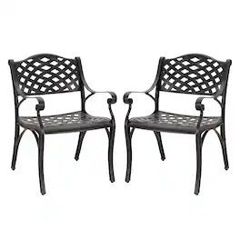 Nuu Garden - Outdoor 2-Piece Patio Cast Aluminum Dining Chairs with Armrests - Black with Gold Speckles