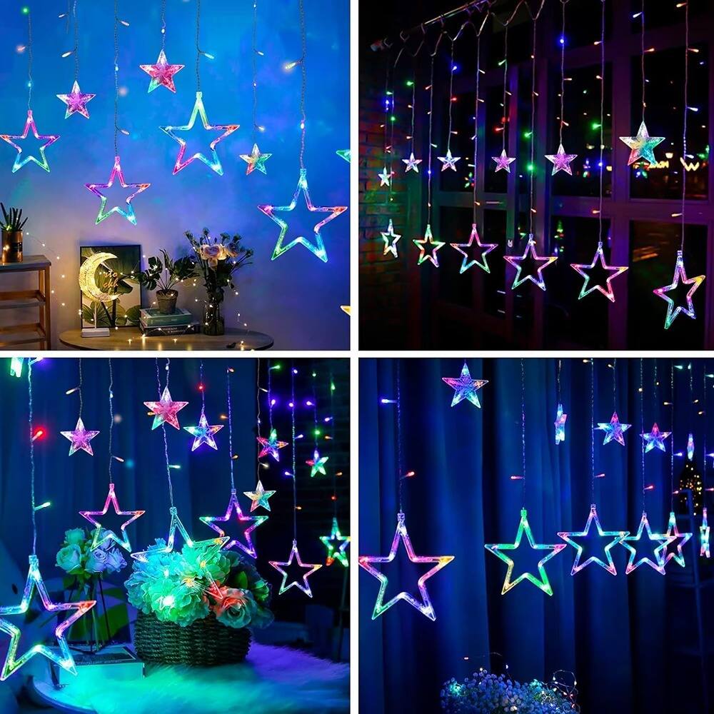 Left. MOSZAR LLC - LED Star Curtain Lights – 138 LEDs, 12 Stars, Remote & Timer, Dimmable.