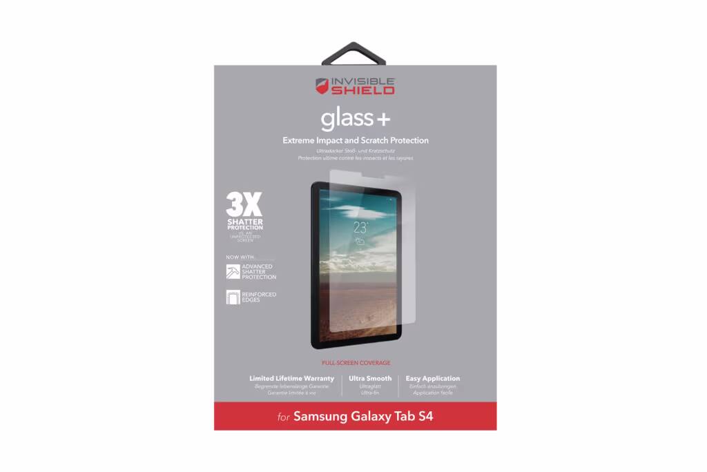 INVISIBLE SHIELD glass + Extreme Impact and Scratch Protection Ultrastarker Sto und Kratzschutz Protection uitime contre fes mDects ef los rayures 3X SHATTER PROTECTION NOW WITH ADVANCED SHATTER PROTECTION REINFORCED EDGES FULL-SCREEN COVERAGE Limited Lifetime Warranty Begrenzte lebenalnge Garente Garantie imite a Ultra Smooth Utraiiant Ultra-Sn Easy Application Einfach #nzubrngen Application facile for Samsung Galaxy Tab S4