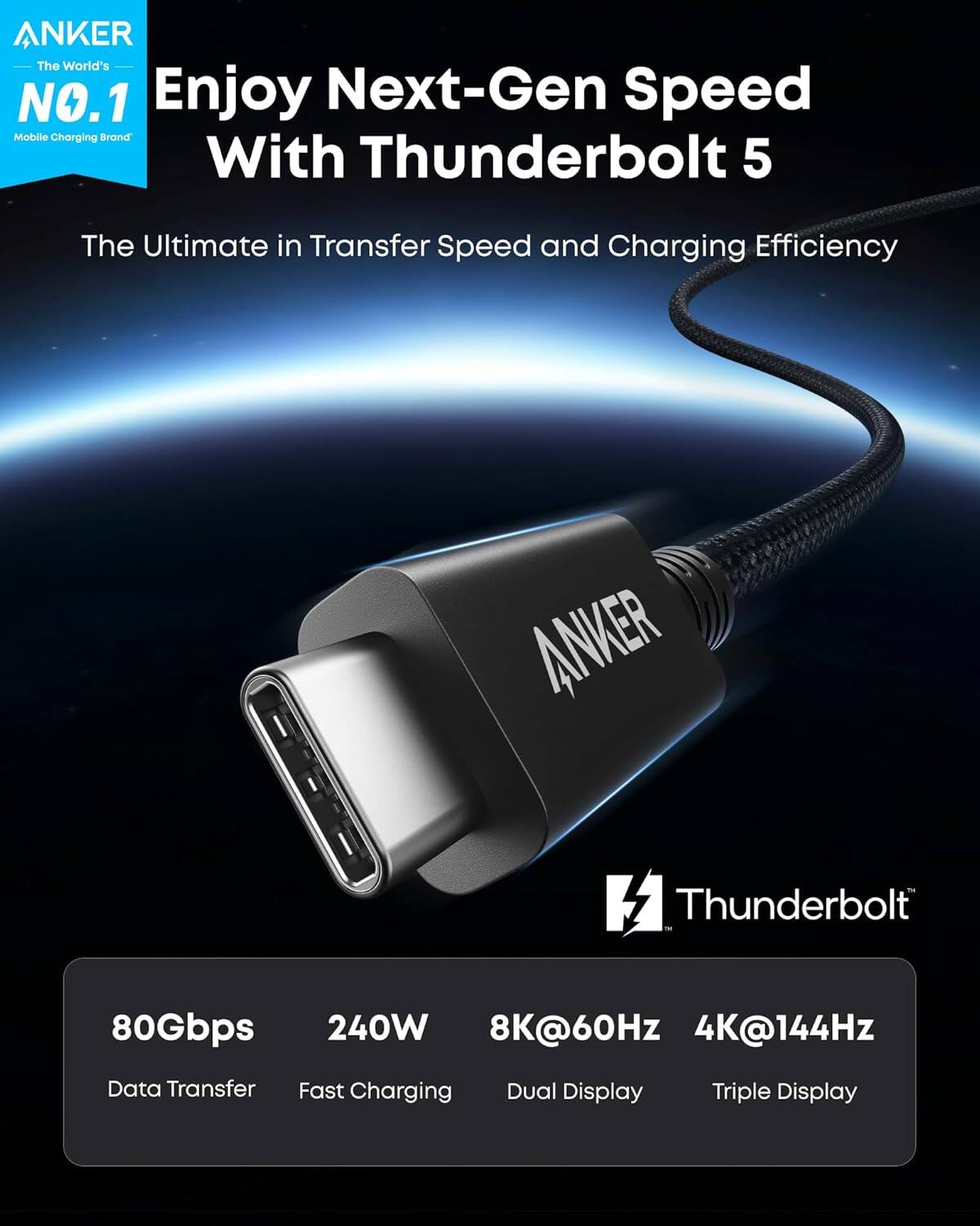 ANKER  
The World's NO.1  
Mobile Charging Brand  

Enjoy Next-Gen Speed With Thunderbolt 5  

The Ultimate in Transfer Speed and Charging Efficiency  

Thunderbolt 5  
80Gbps  
240W  
8K@60Hz  
4K@144Hz  
Data Transfer  
Fast Charging  
Dual Display  
Triple Display