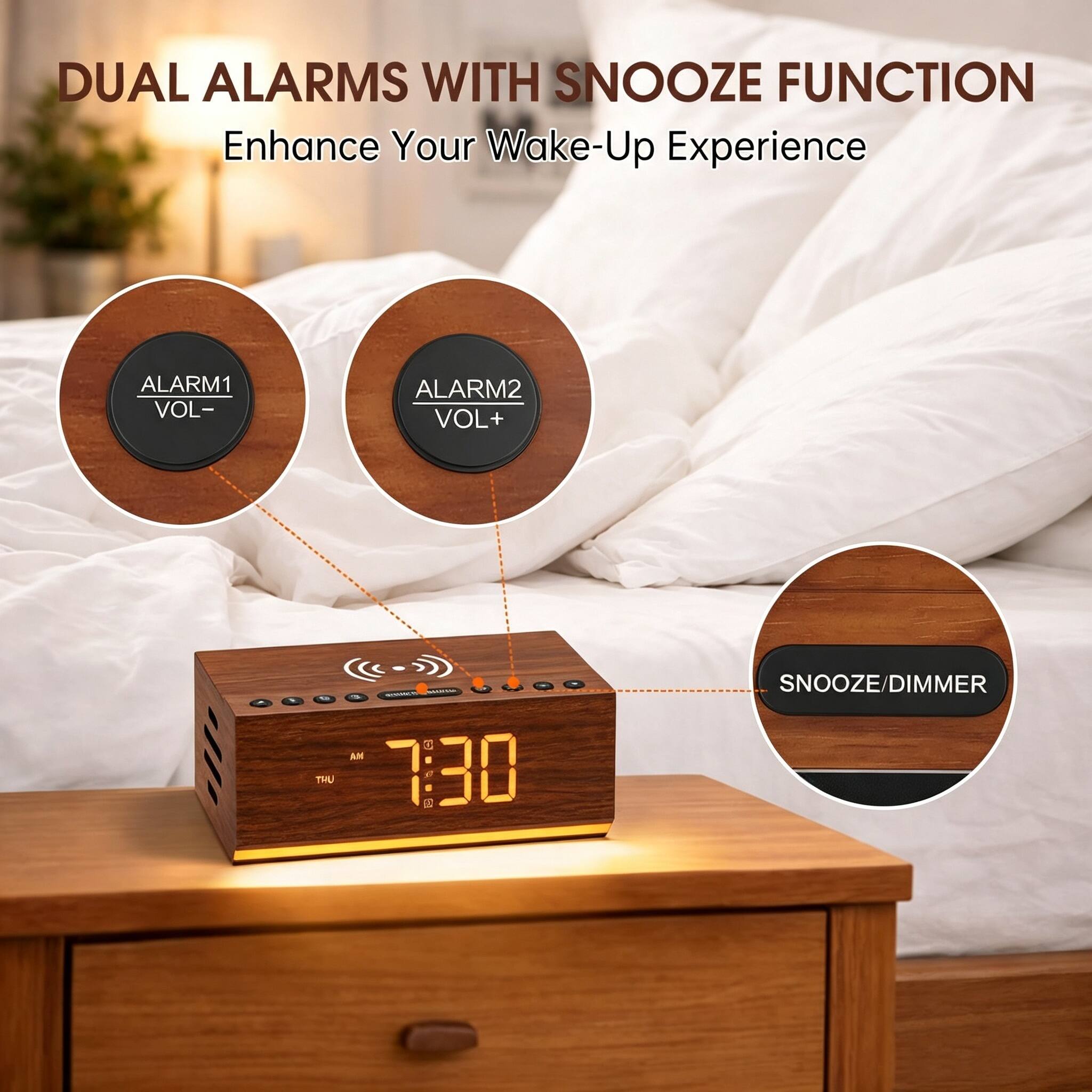 DUAL ALARMS WITH SNOOZE FUNCTION  
Enhance Your Wake-Up Experience  

ALARM1 VOL-  
ALARM2 VOL+  

AM THU 7:30  
SNOOZE/DIMMER