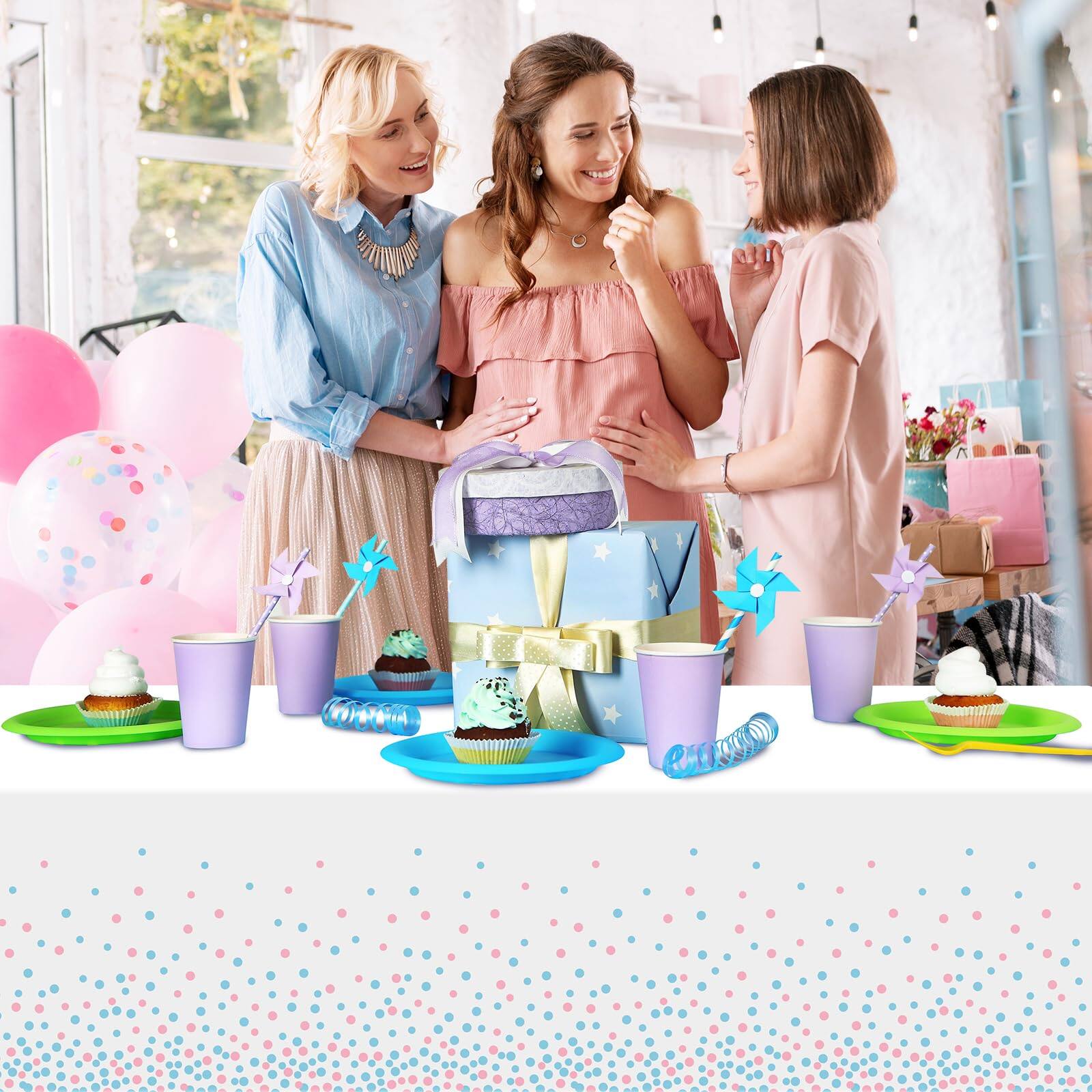 Alt View 6. Dapper Styles - And Plastic Tablecloth Disposable Table Cloth For Rectangle Tables Stamping Dot Gender Reveal Shower Birthd... - White and Pink Blue-54x108"(3 Pack).
