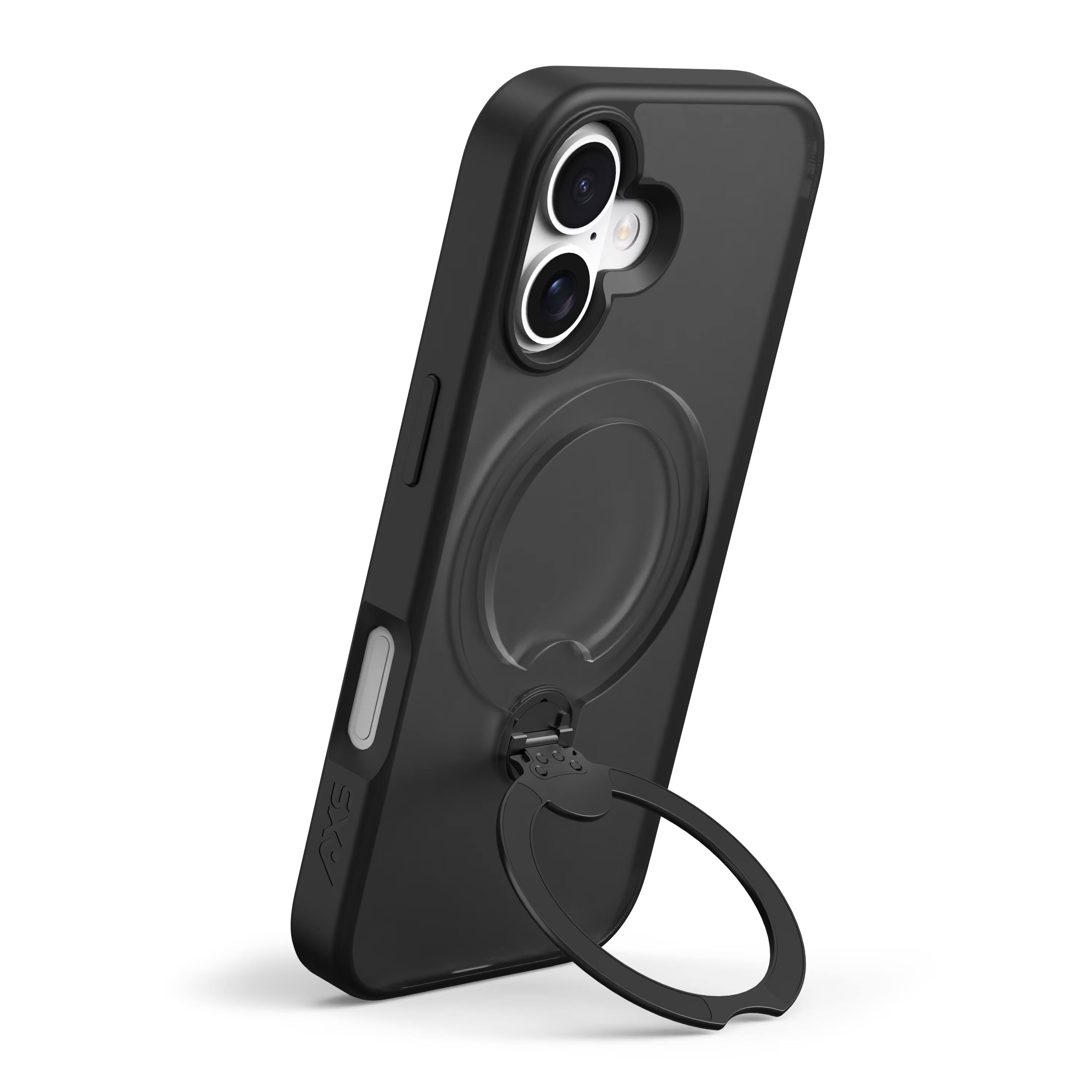 Angle. AXS - PROShield MagSafe Case with Kickstand for Apple iPhone 17 - Smoke.