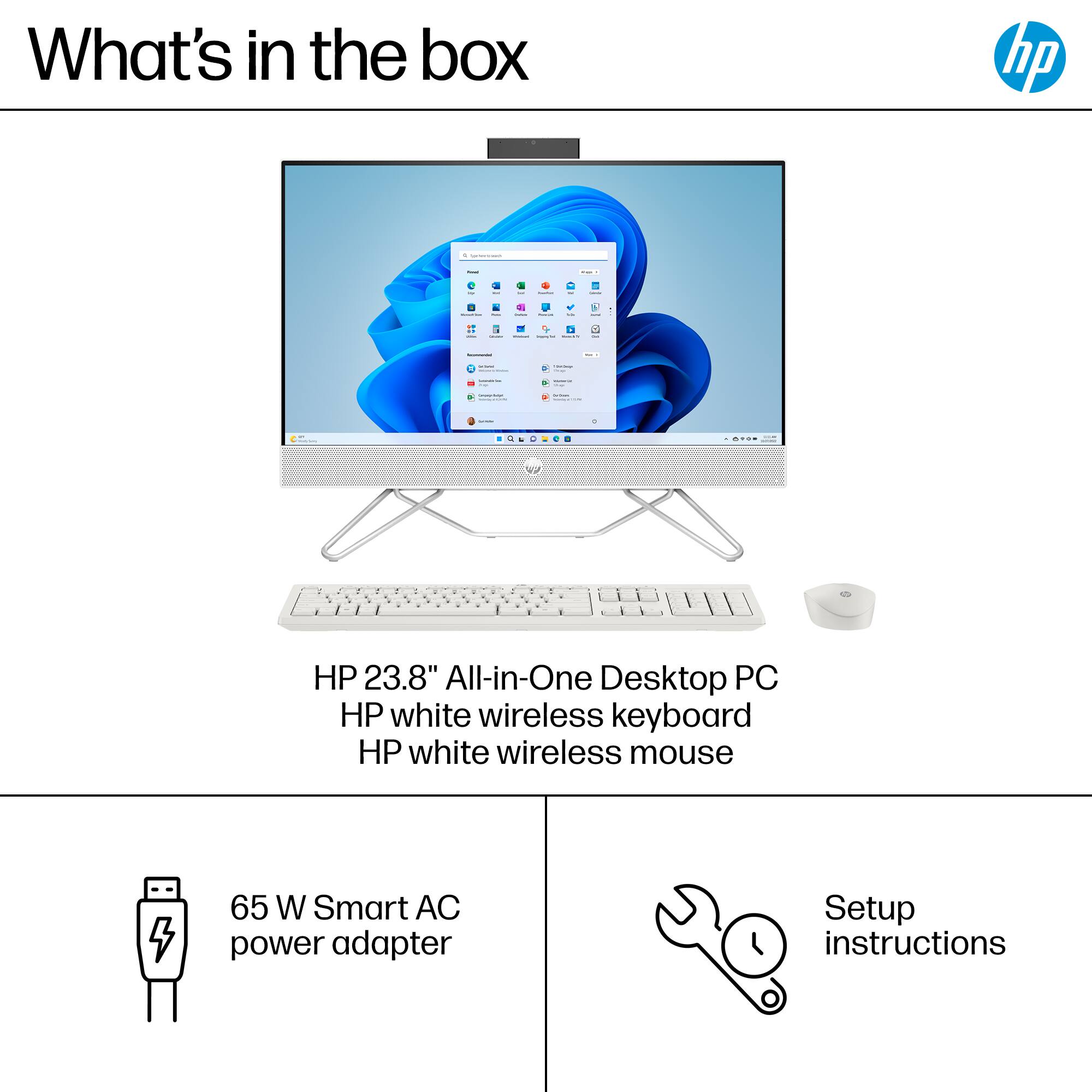 What's in the box: HP 23.8" All-in-One Desktop PC, HP white wireless keyboard, HP white wireless mouse, 65 W Smart AC power adapter, Setup instructions.