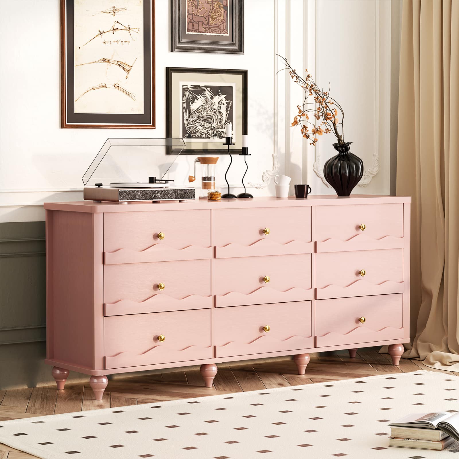 Aheaplus - 9-Drawer Wooden Dresser: Versatile Chest of Drawers for Bedroom, Living Room and Hallway Storage,Ships in 2 Packages - Pink